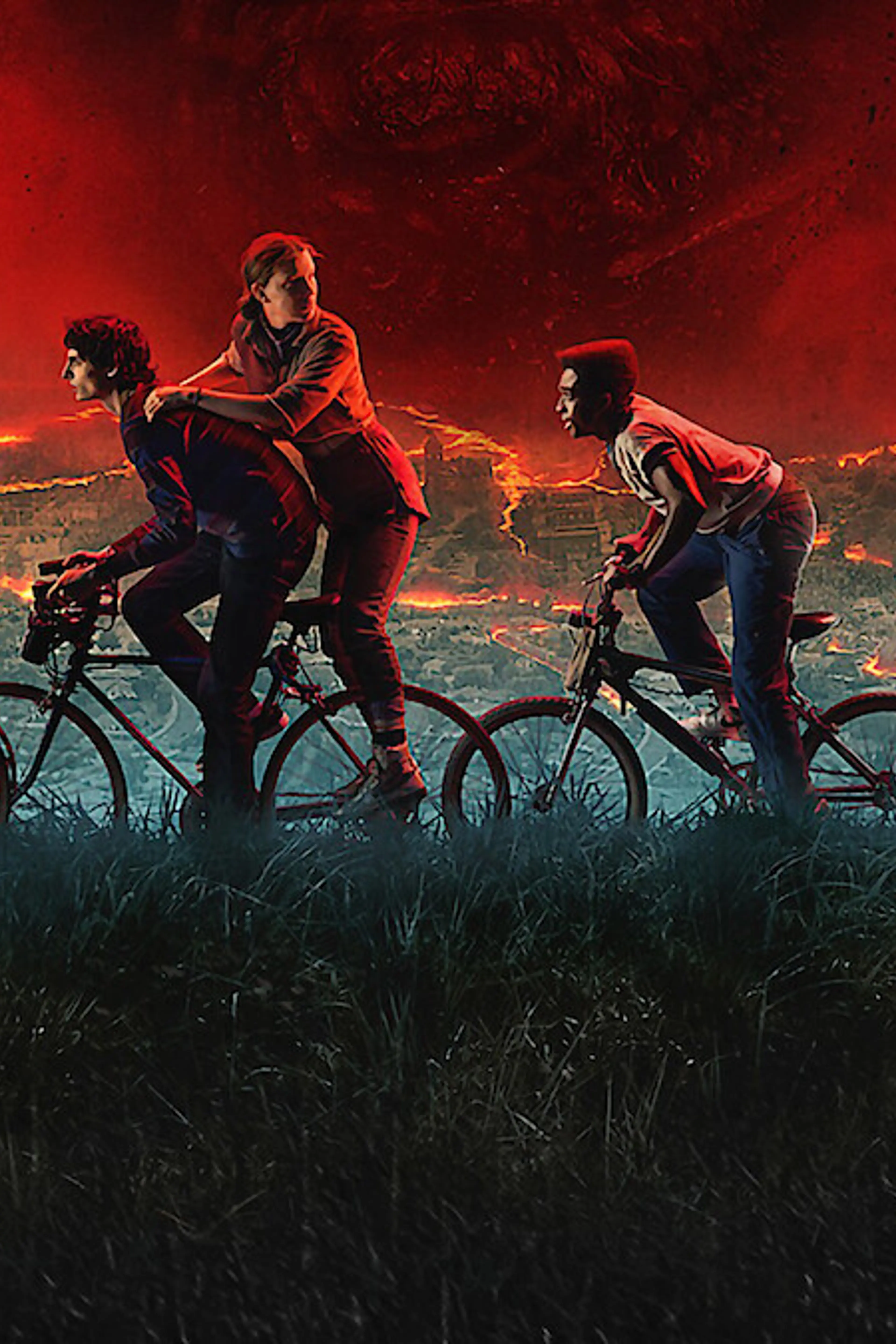 Five members of the Hawkins group ride bicycles beneath Vecna and a red storm in official Stranger Things 5 key art.