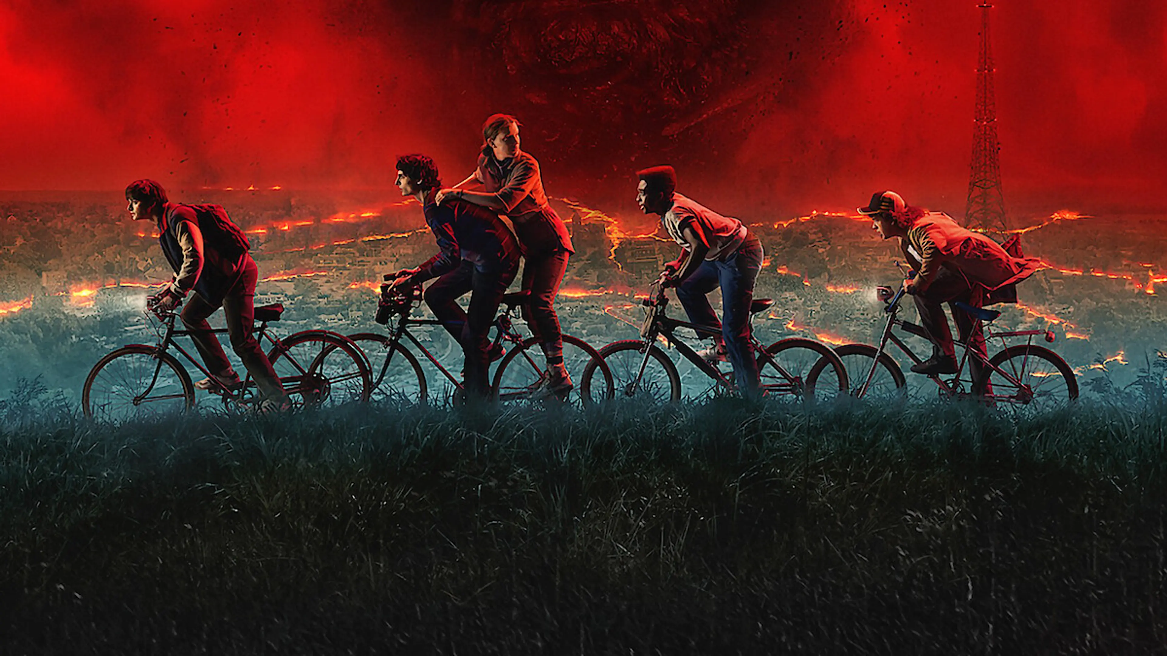Five members of the Hawkins group ride bicycles beneath Vecna and a red storm in official Stranger Things 5 key art.