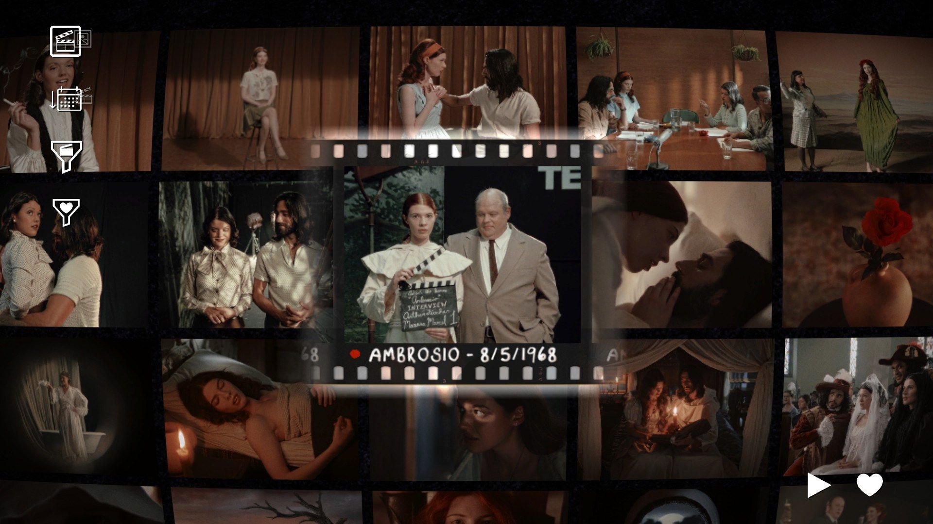 A grid of film clips from several productions in Immortality.