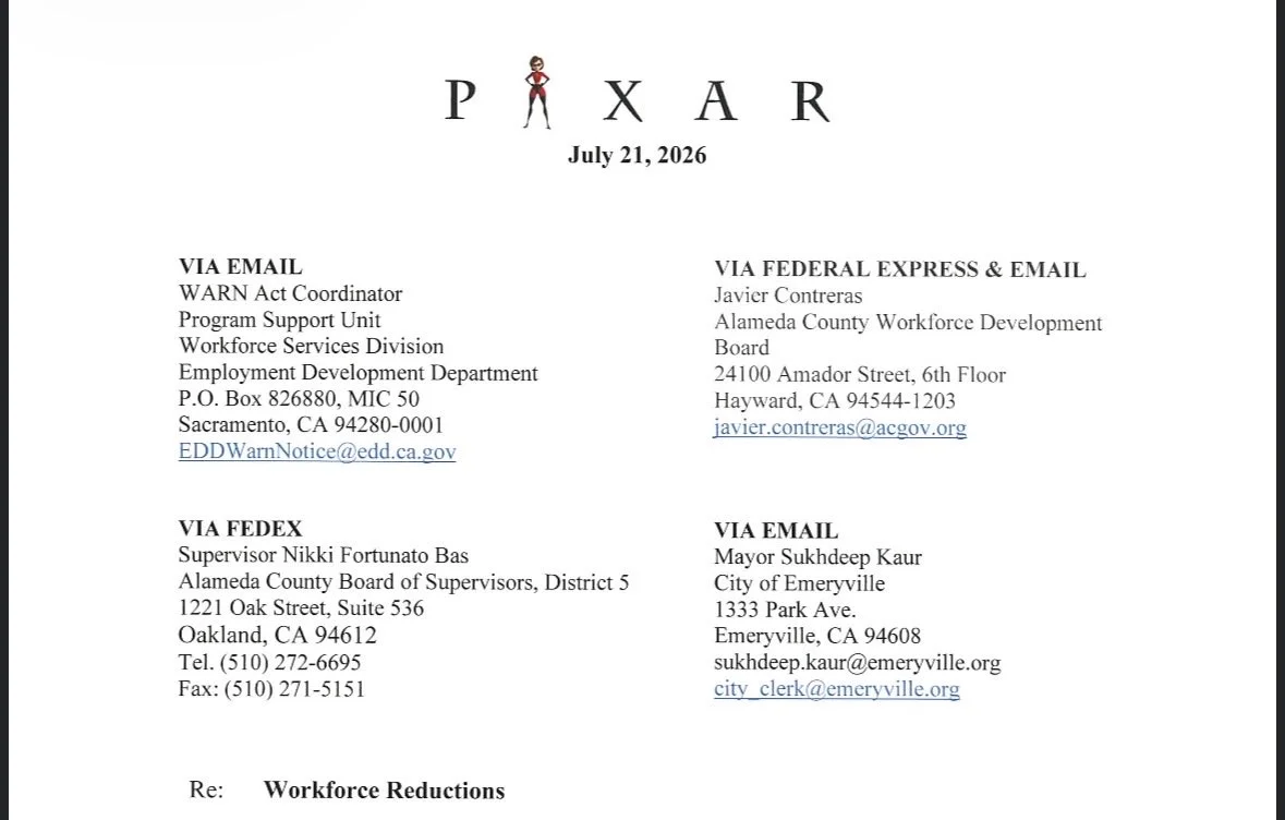 A July 2026 Pixar WARN notice with Mrs. Incredible replacing the letter I in the company logo.
