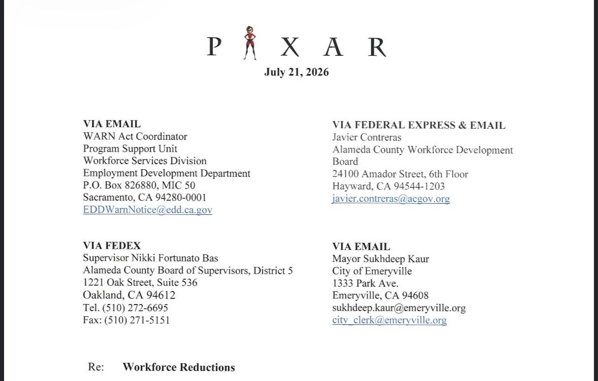 A July 2026 Pixar WARN notice with Mrs. Incredible replacing the letter I in the company logo.