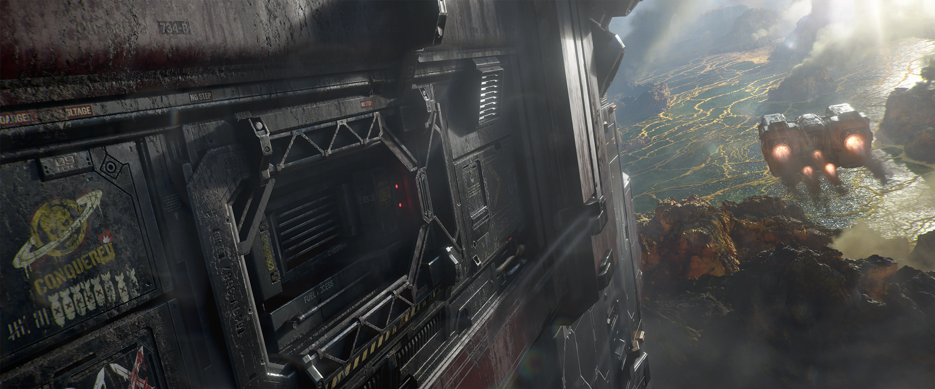 A Dominion carrier and transport craft fly above an alien landscape in the new StarCraft cinematic.