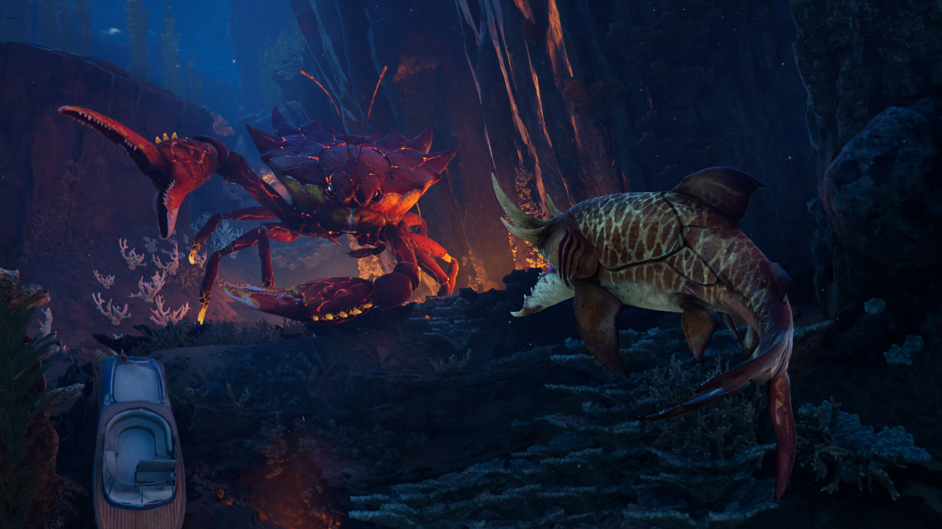A giant crab confronts a mutated aquatic predator in Maneater 2.