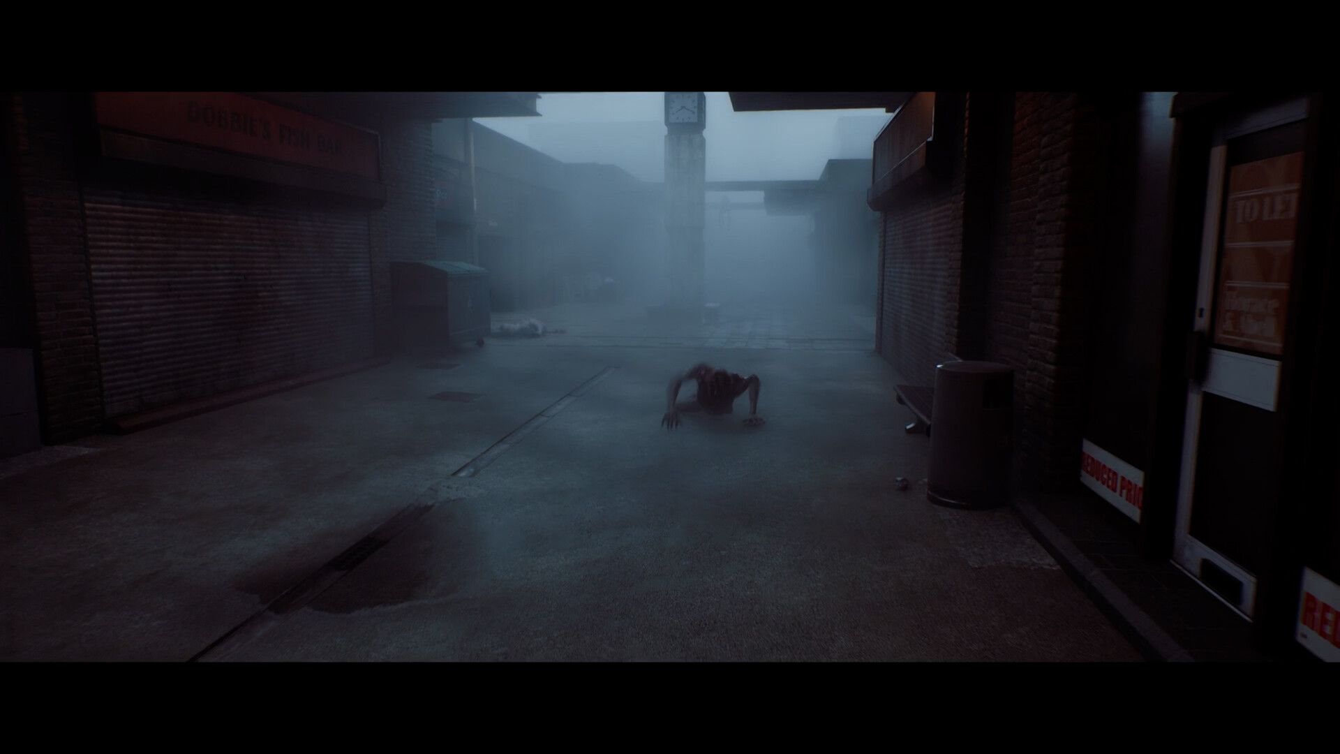 A hunched creature crawls along a misty street lined with shops.