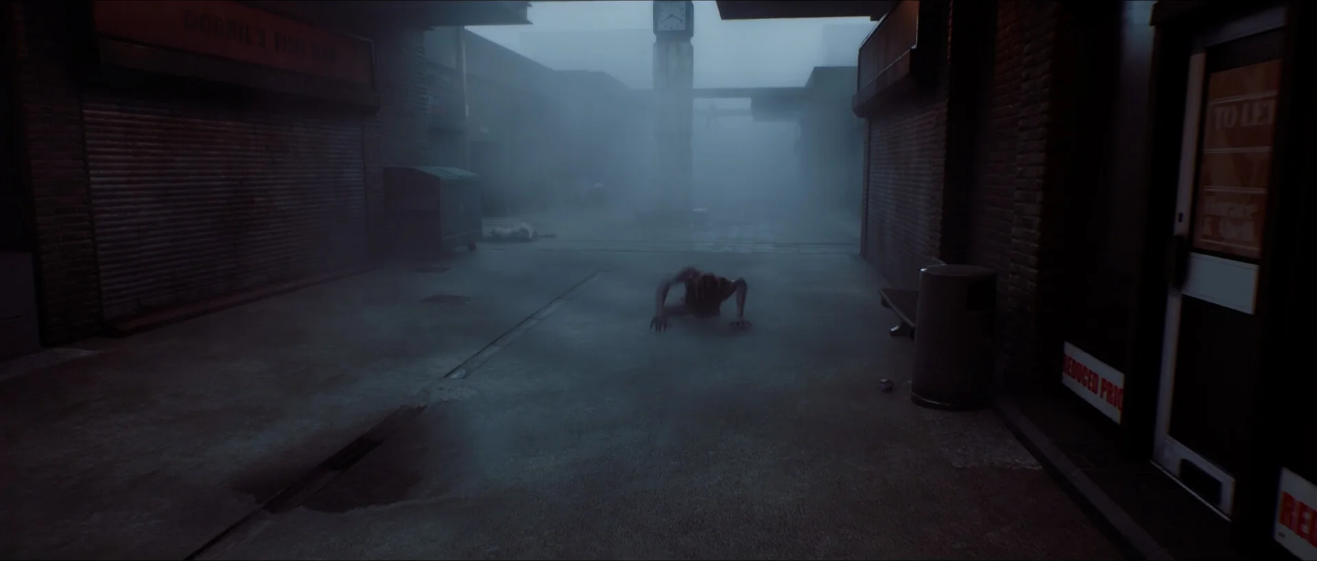 A hunched creature crawls along a misty street lined with shops.