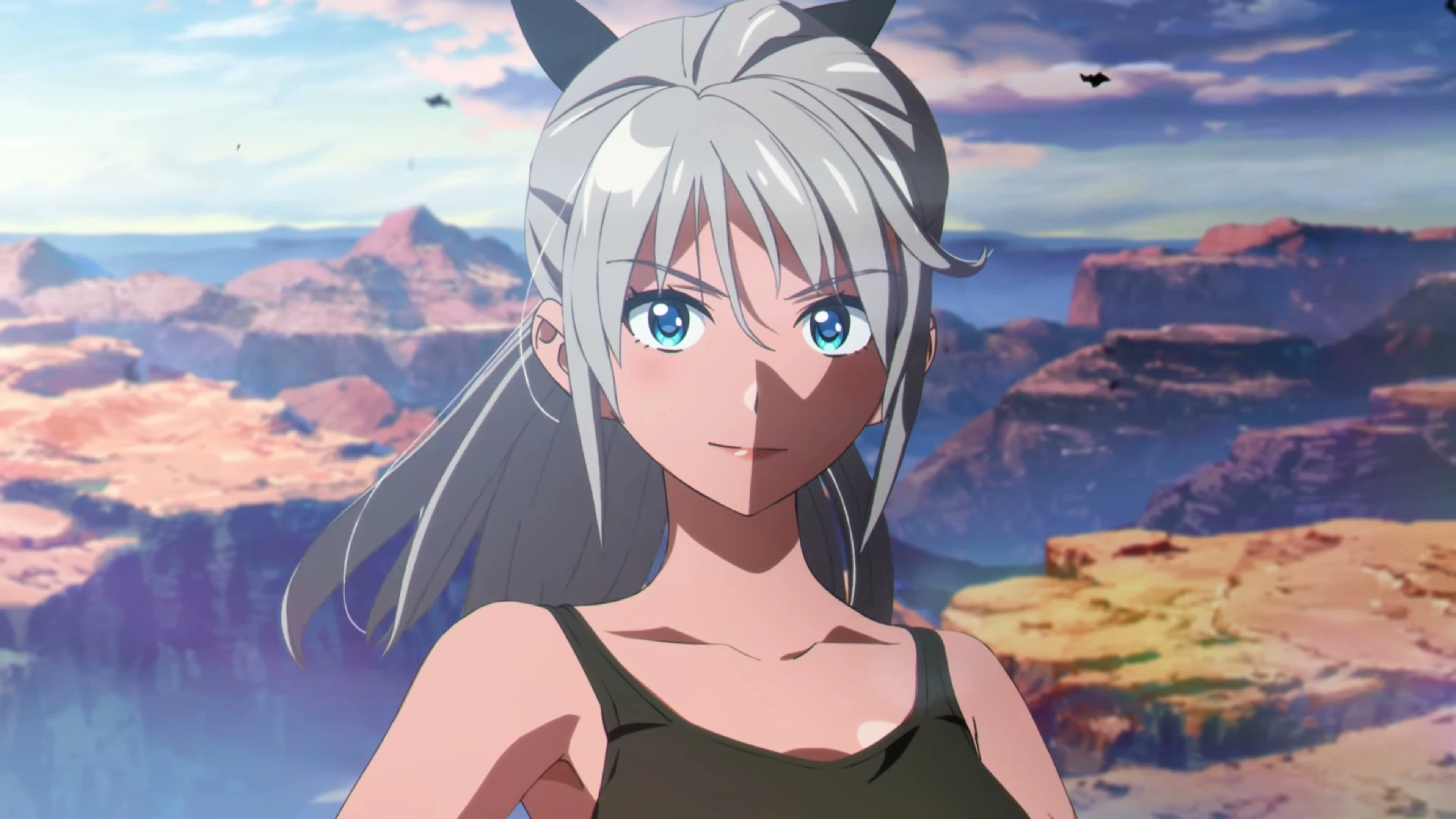 Haruka Todo faces the camera against a clear sky and red-rock landscape.