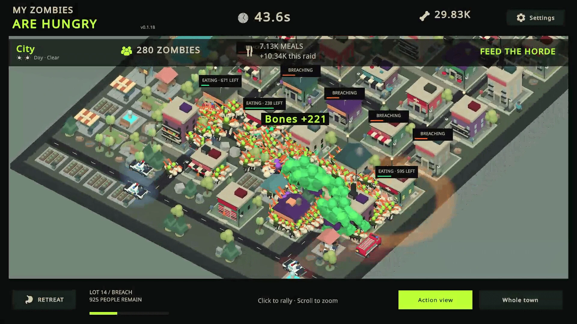 A zombie horde attacking a city in My Zombies Are Hungry.