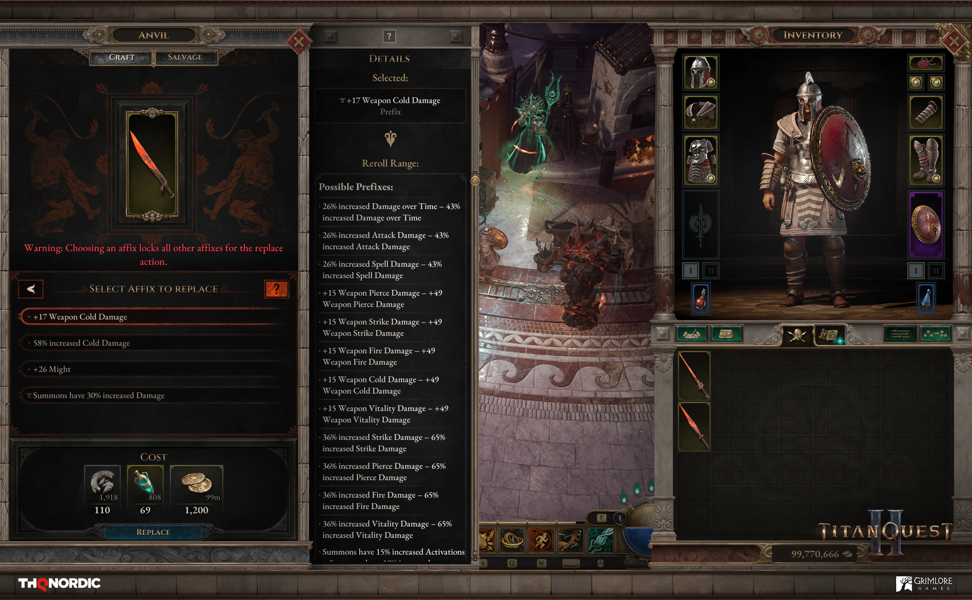 Titan Quest II crafting screen showing valid replacement affix options for an item.
