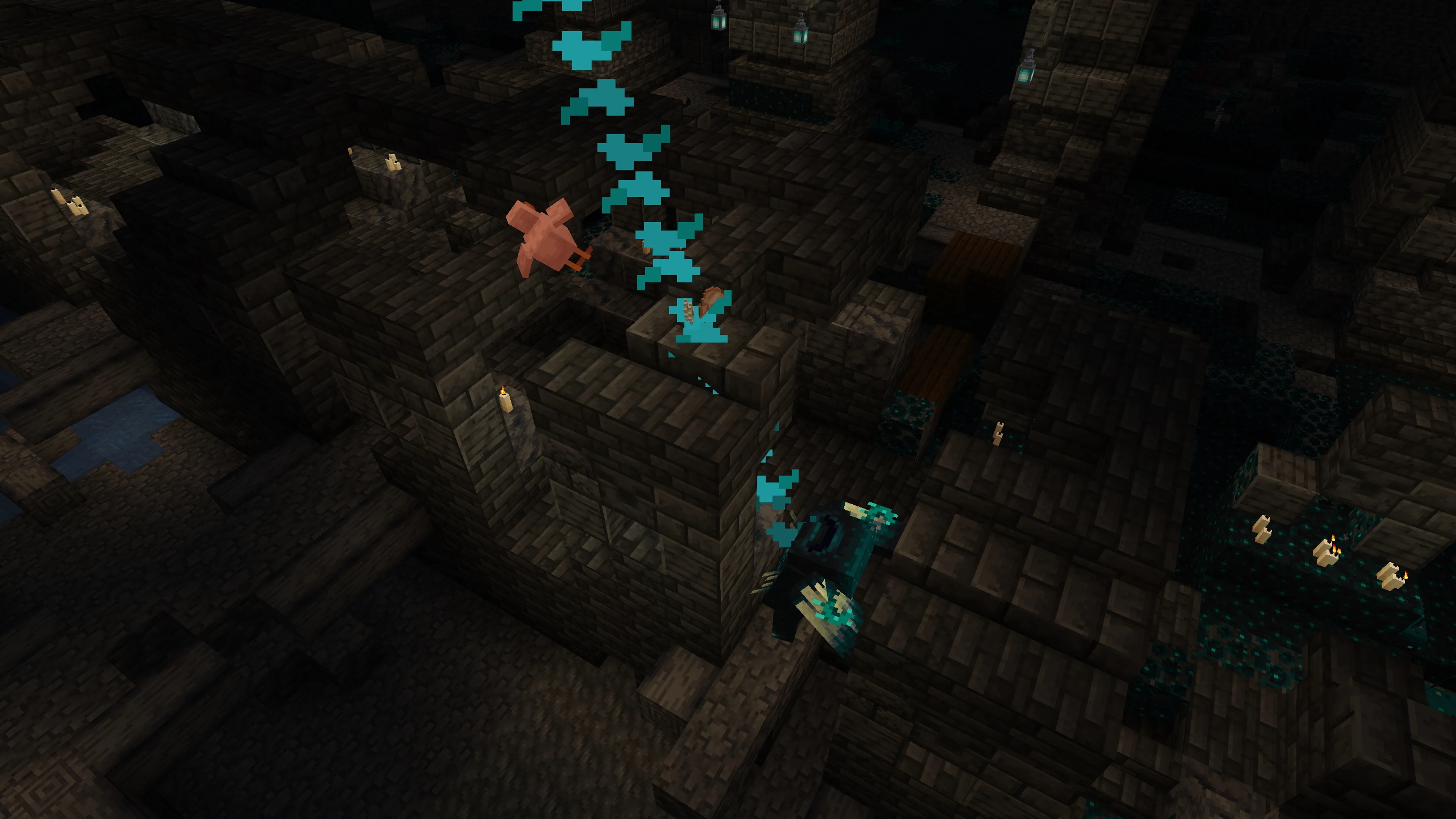 A Minecraft Warden using its sonic attack inside the Deep Dark.