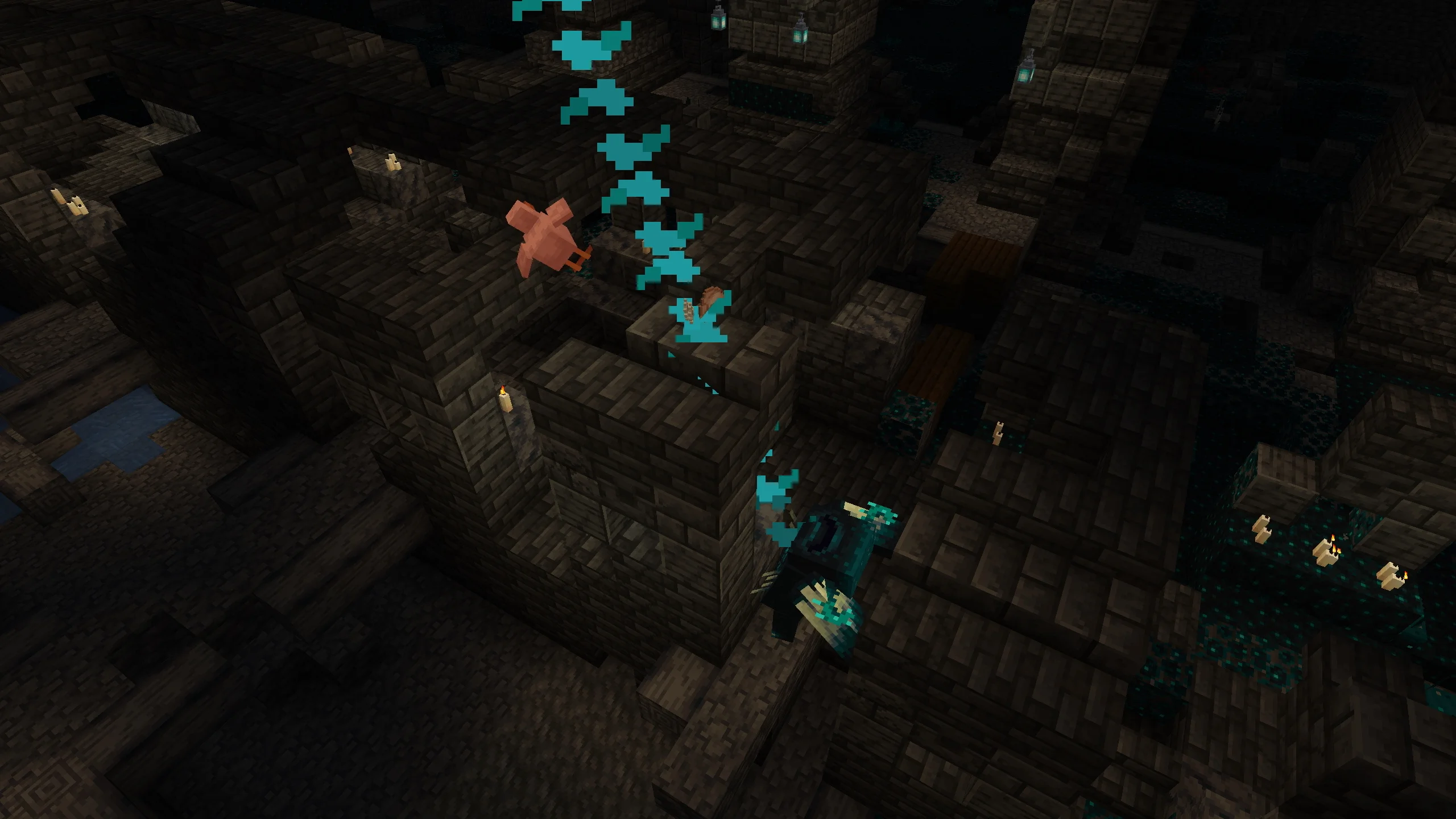 A Minecraft Warden using its sonic attack inside the Deep Dark.
