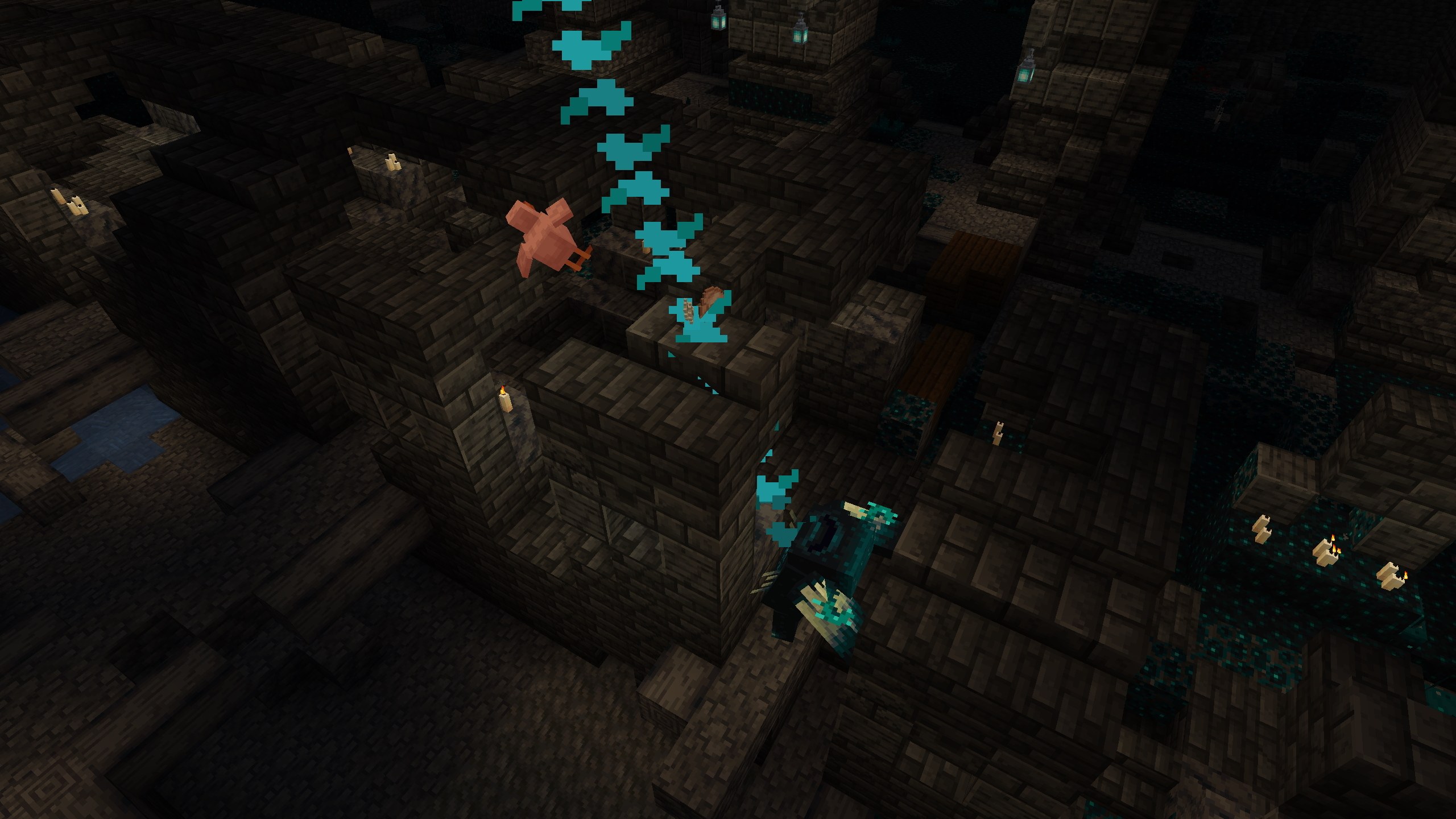 A Minecraft Warden using its sonic attack inside the Deep Dark.