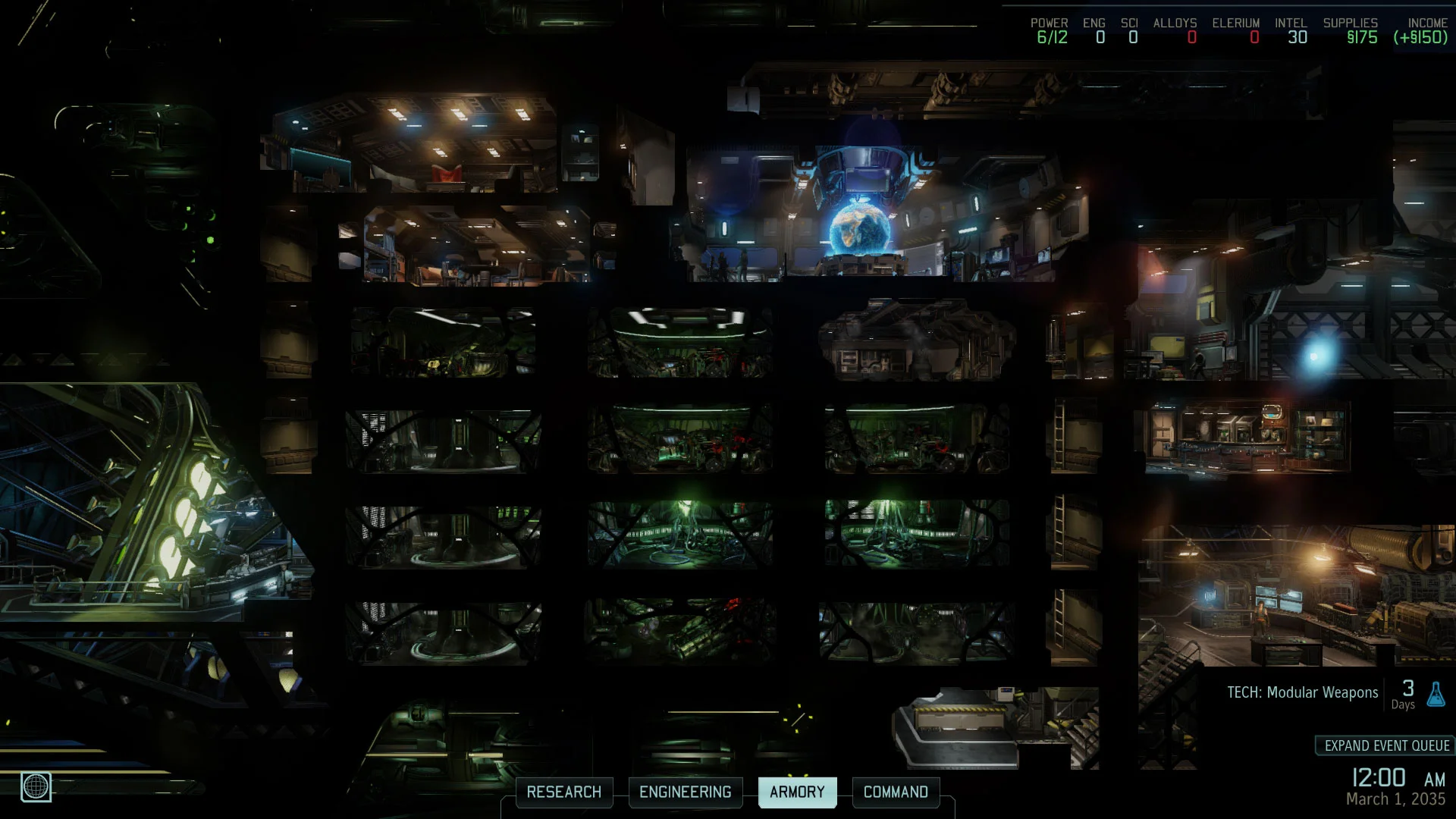 Official XCOM 2 manual screenshot of the Avenger rooms with Research, Engineering, Armory and Command labels along the bottom.