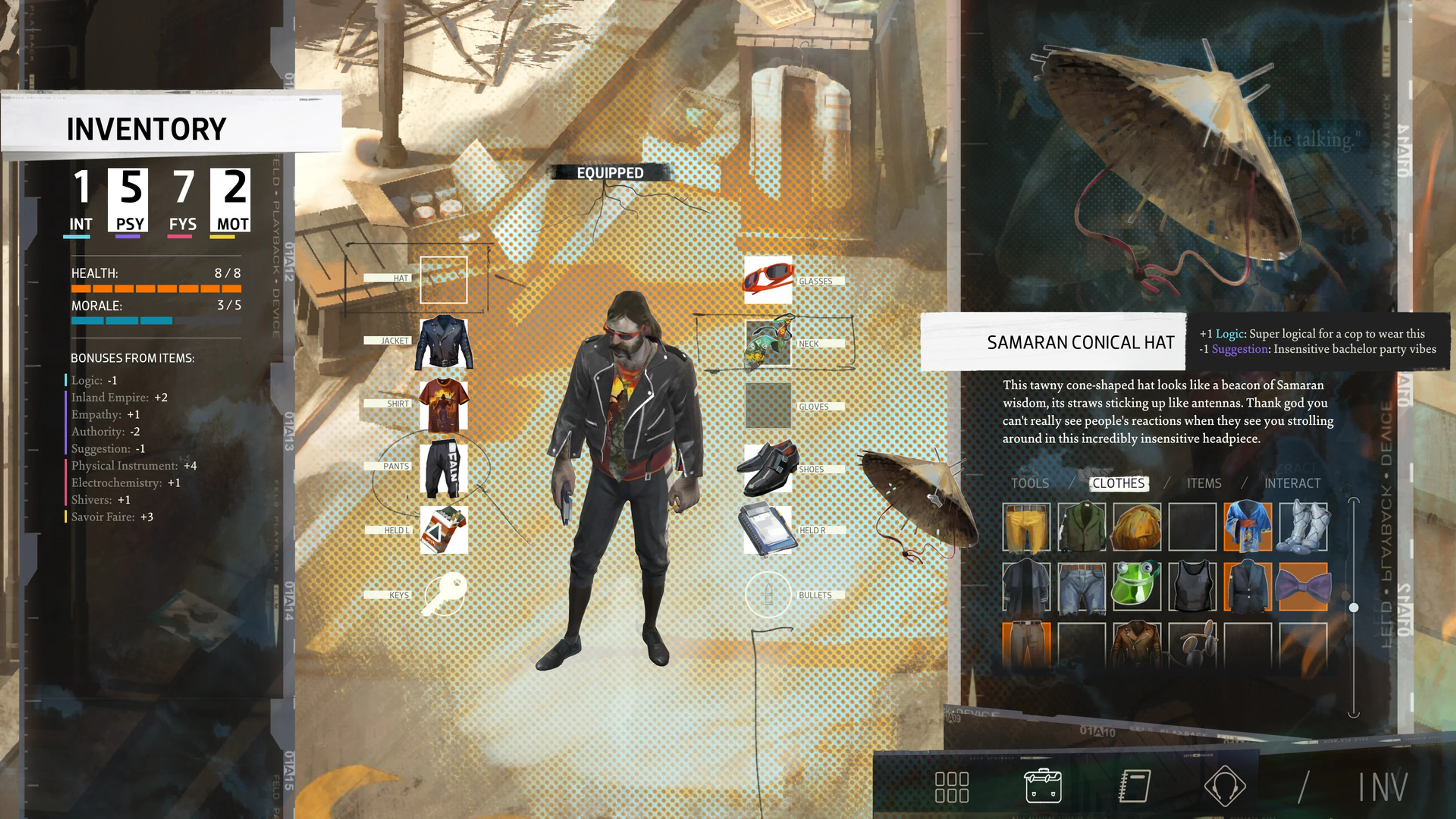 Inventory screenshot with orange Health and blue Morale bars on the left, clothing slots around the detective in the centre, and item details on the right.