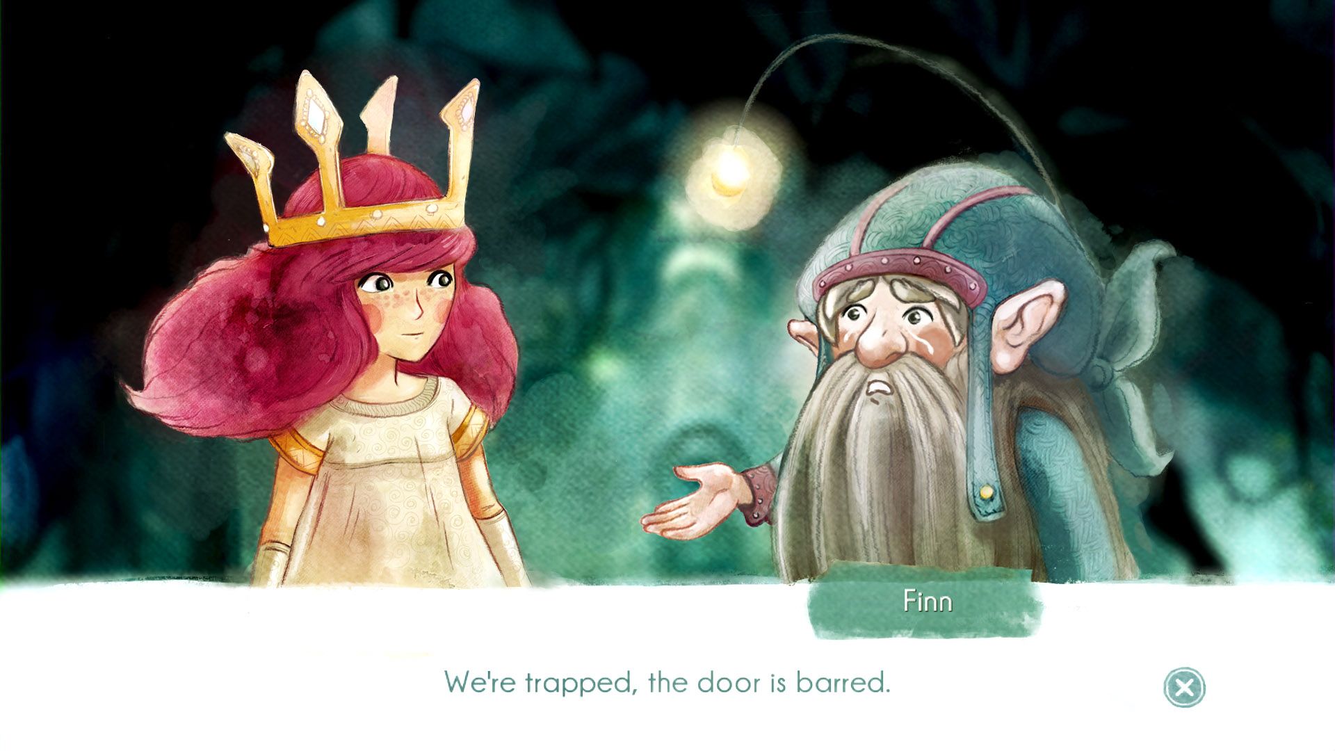 Aurora speaks with a character in the painted world of Lemuria.