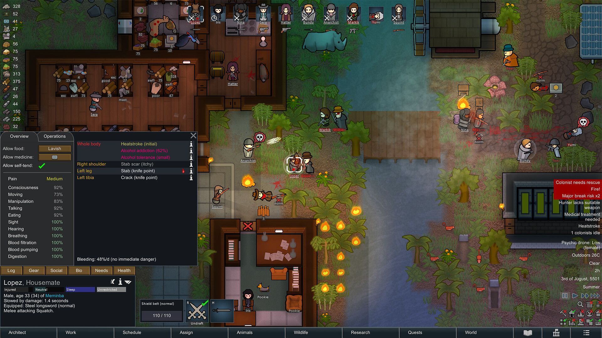 A top-down colony has bedrooms, furniture, colonists and a needs panel.