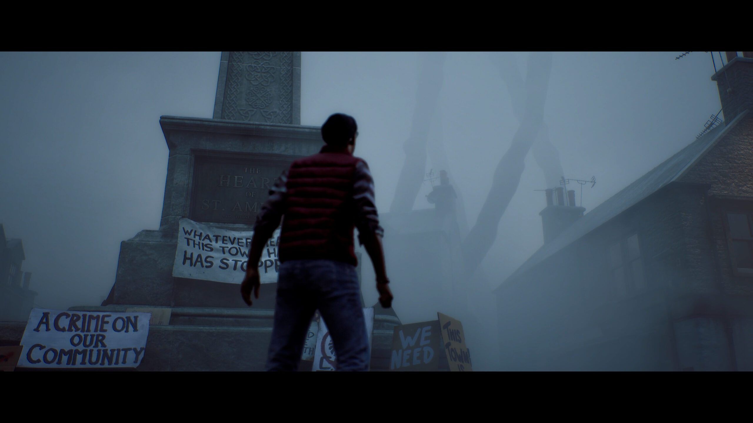 A lone figure approaches a bleak building on the foggy island of St. Amelia.