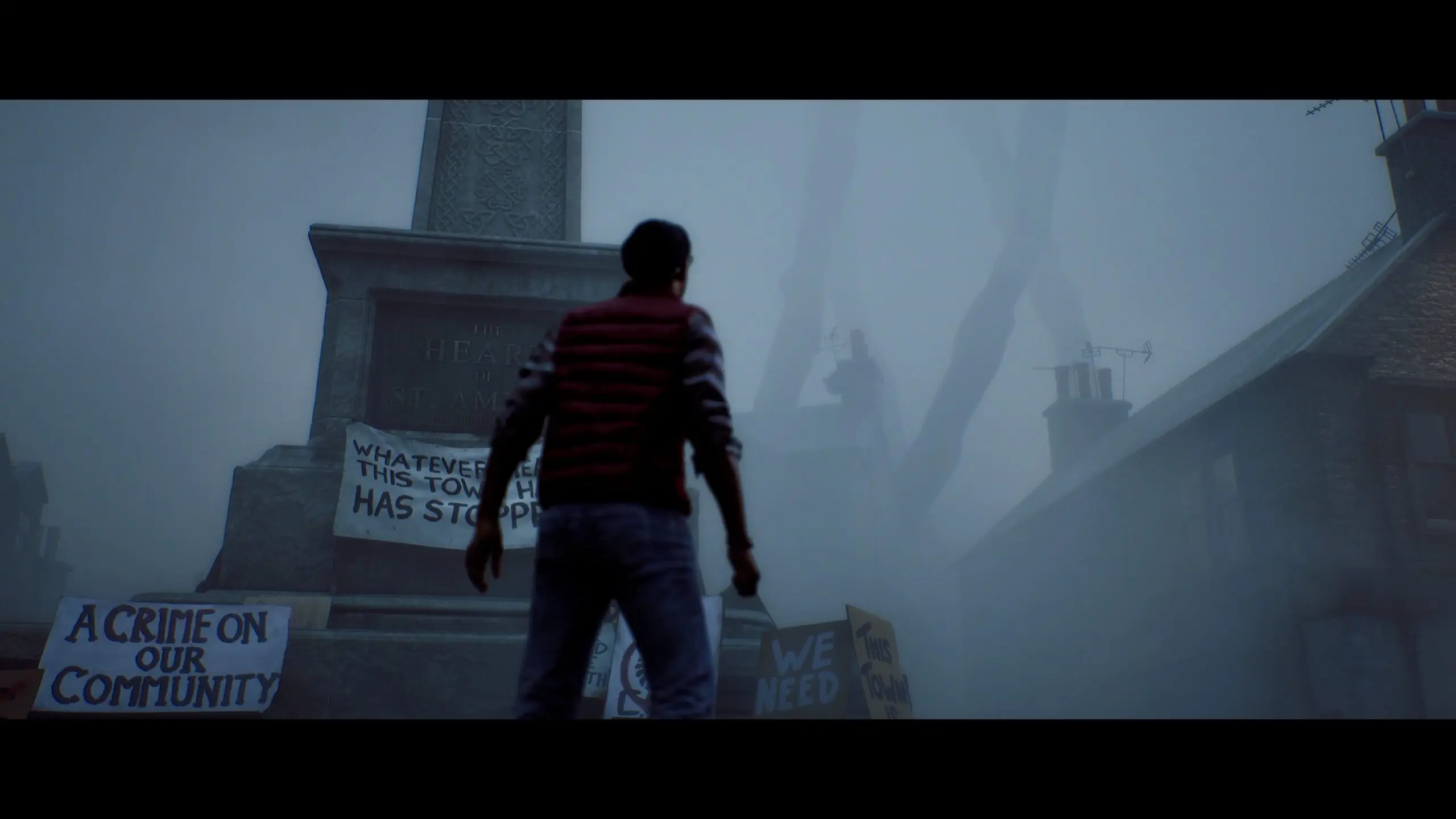 A lone figure approaches a bleak building on the foggy island of St. Amelia.