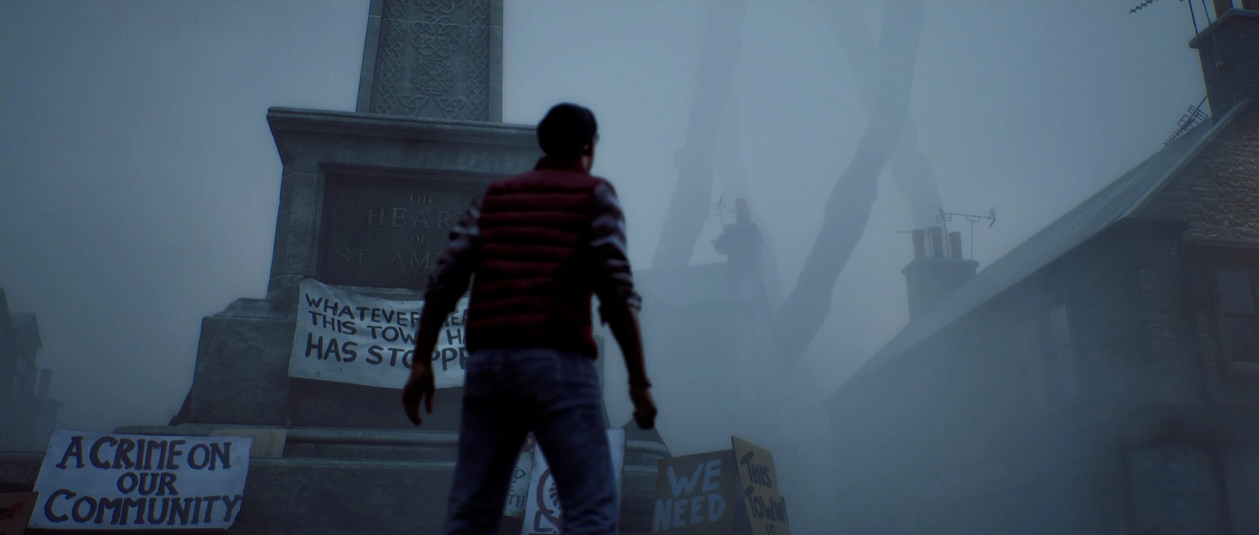 A lone figure approaches a bleak building on the foggy island of St. Amelia.