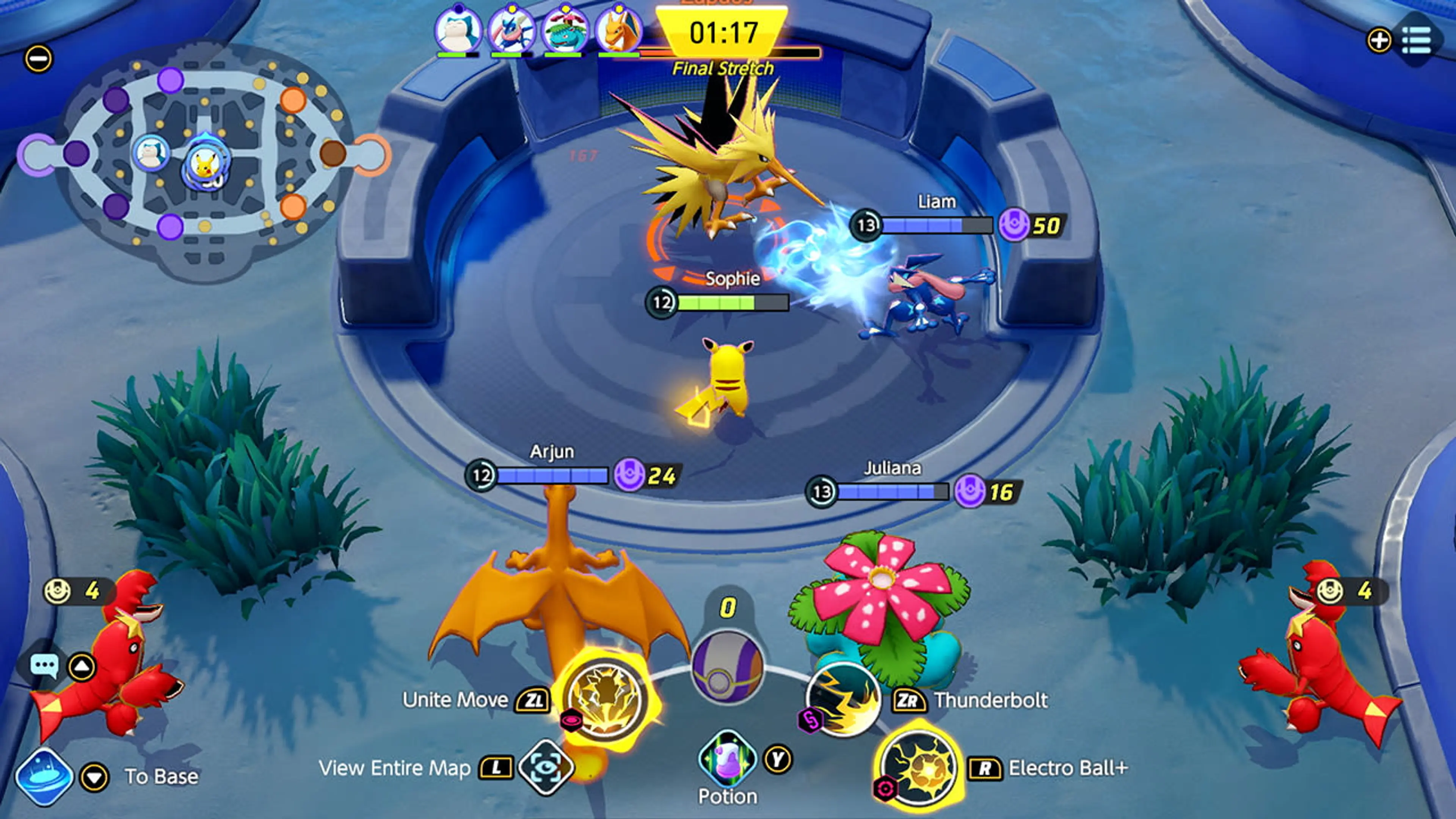 Pikachu, Greninja, Charizard, and Venusaur battle Zapdos during the final stretch of a Pokémon UNITE match.