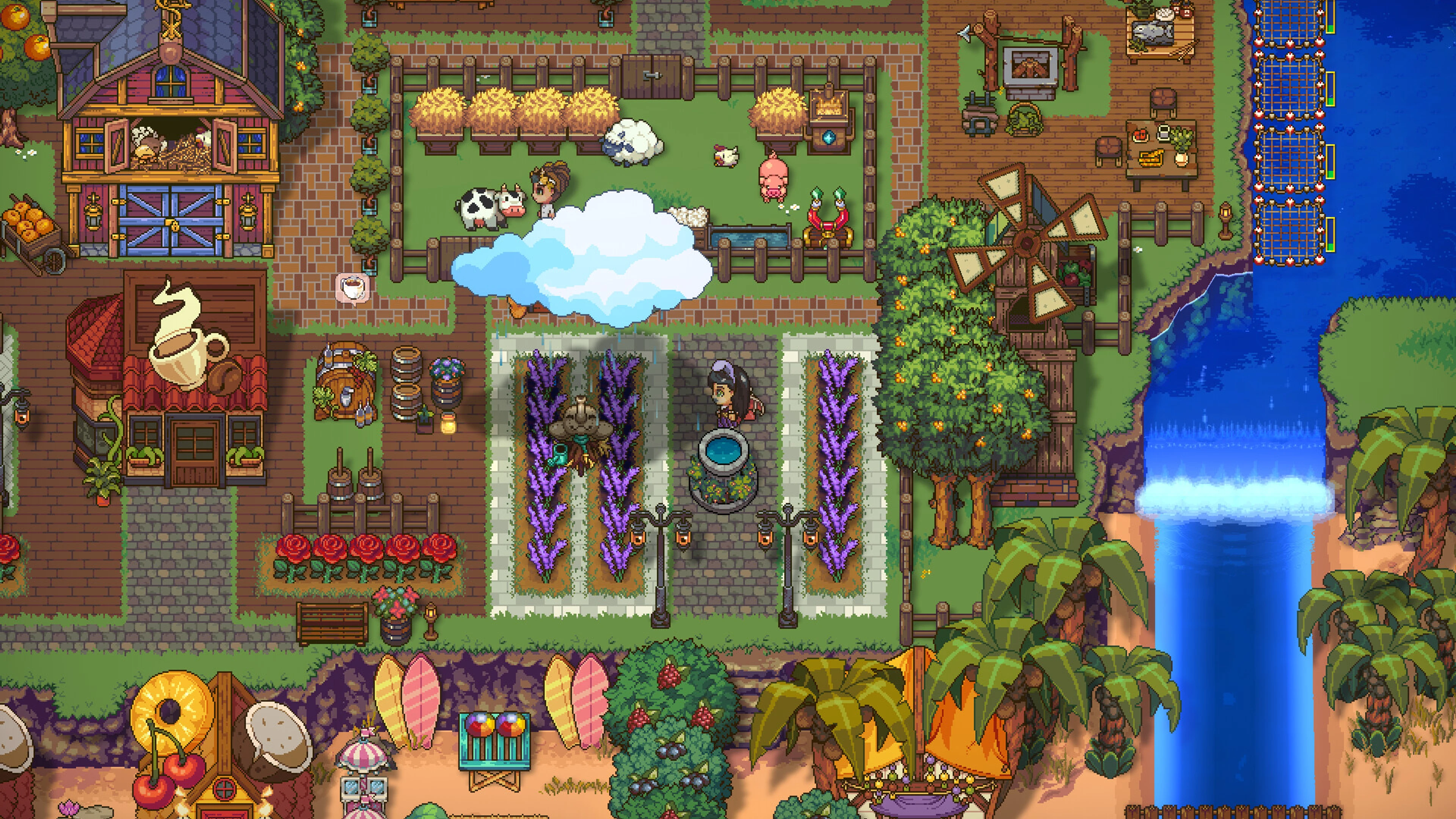 A colorful farm and settlement beside waterfalls in Sun Haven.
