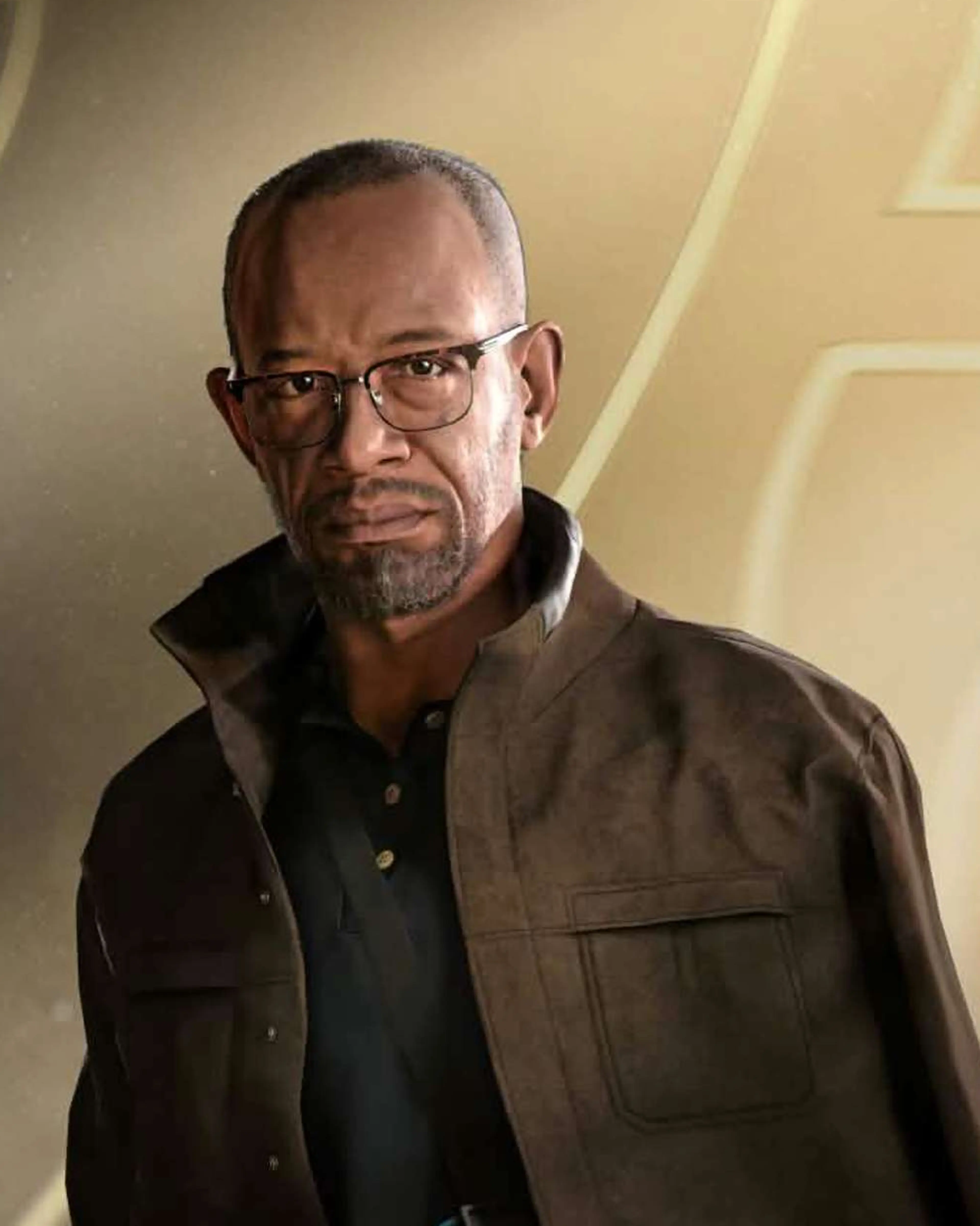 Game-character portrait of John Greenway wearing glasses and a dark jacket.
