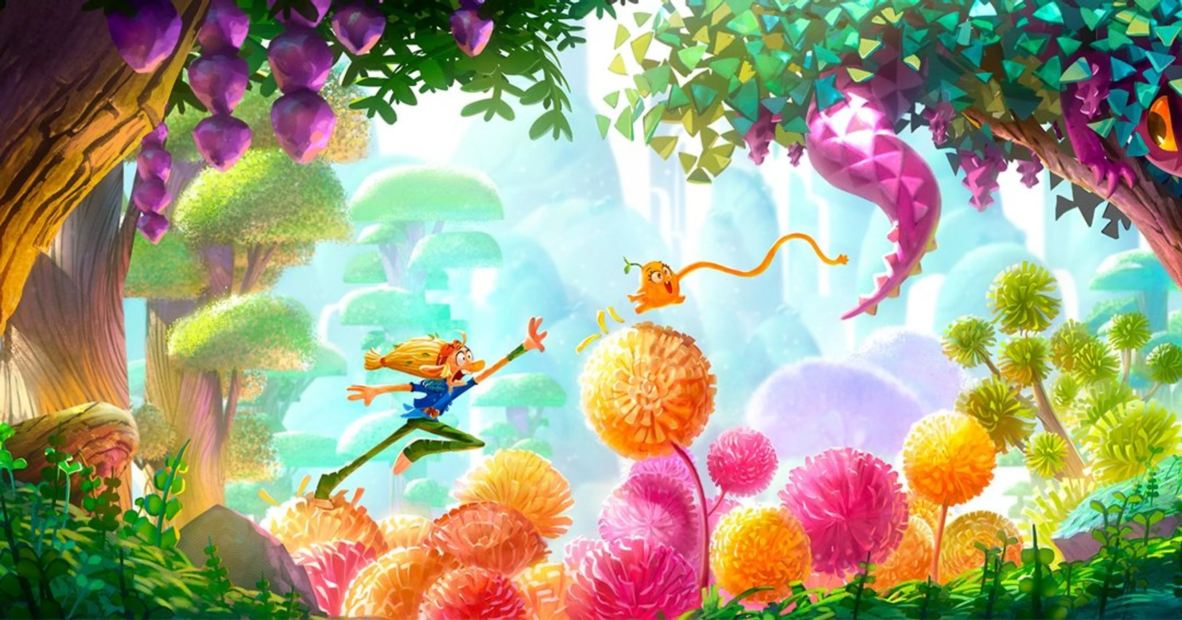 Official Disney Animation concept art for Clay shows a colorful forest with small characters moving through oversized flowers.