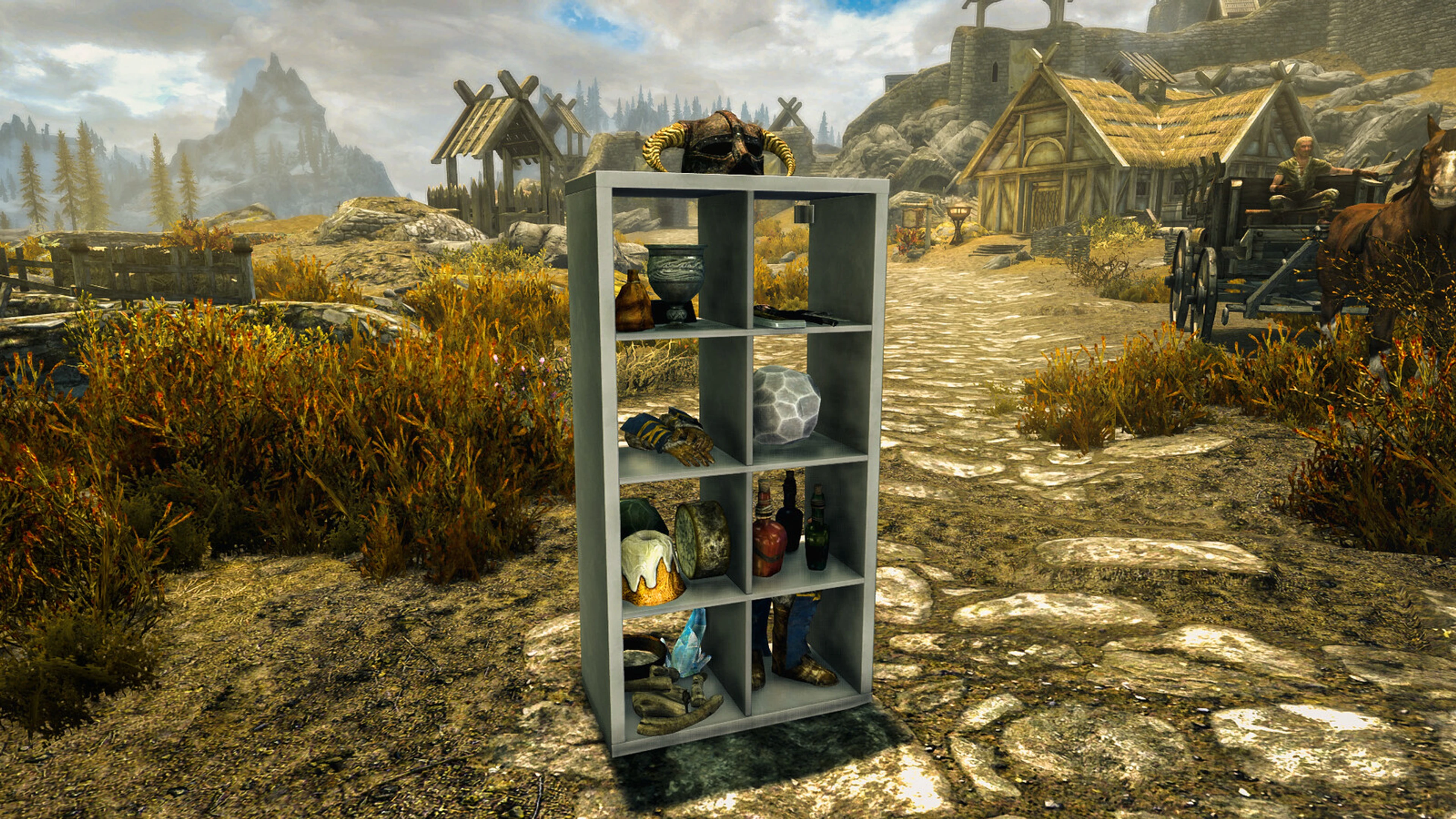 The KALLAX shelf companion carries weapons, armor and supplies on the road outside Whiterun in Skyrim.