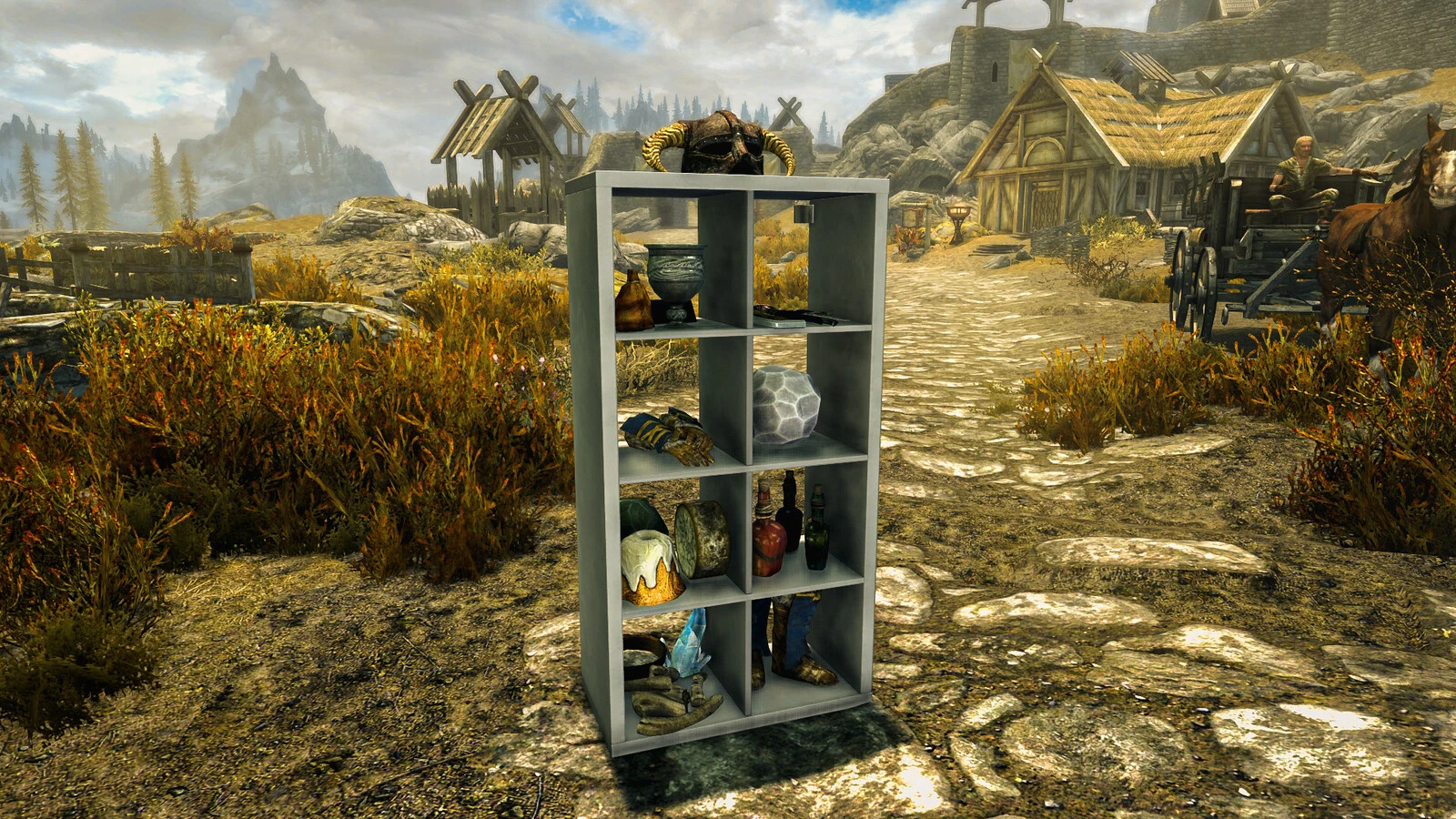 The KALLAX shelf companion carries weapons, armor and supplies on the road outside Whiterun in Skyrim.