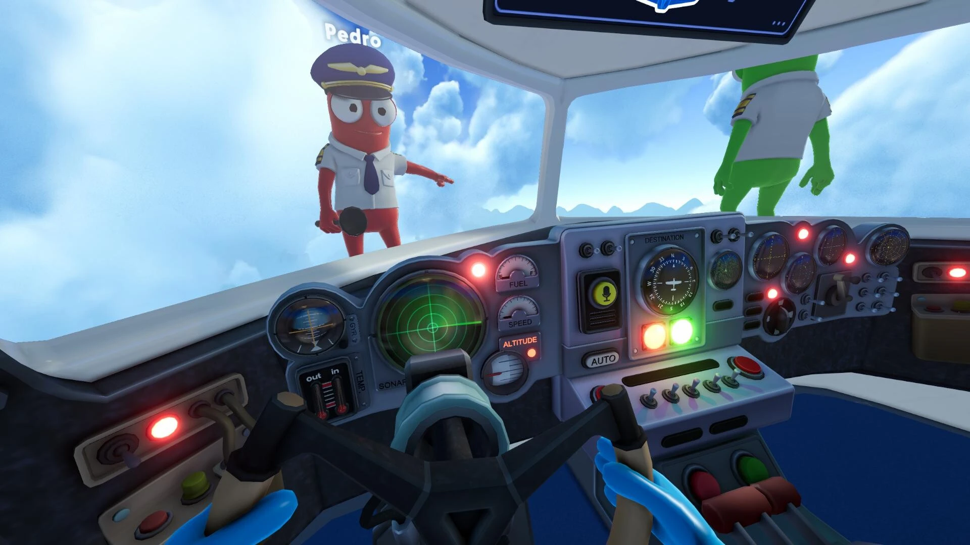 The pilot grips the controls while two crew members stand outside the cockpit in Dear Passengers.