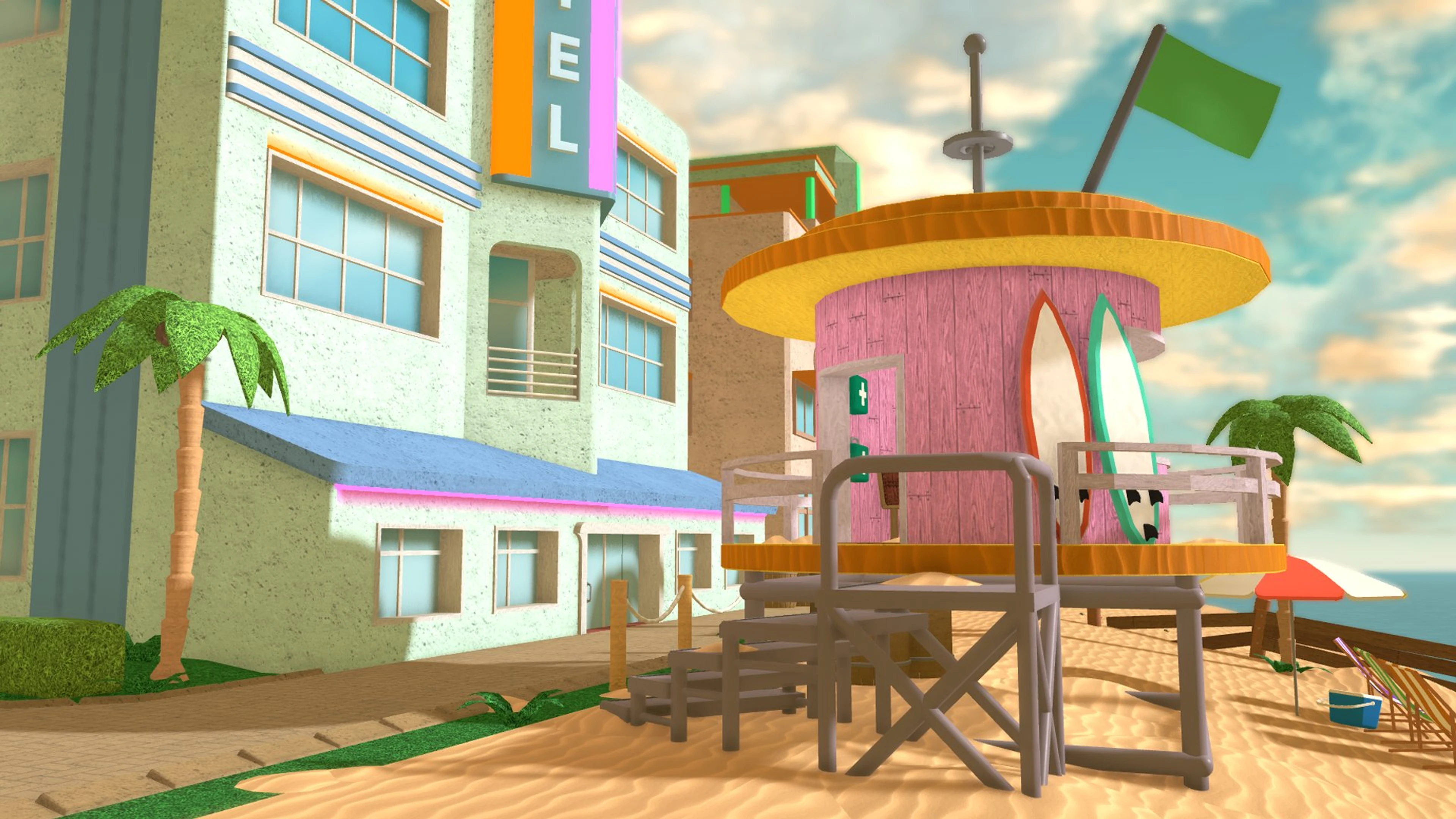 The colorful beach resort setting in Murder Mystery 2, with a lifeguard tower and surfboards.