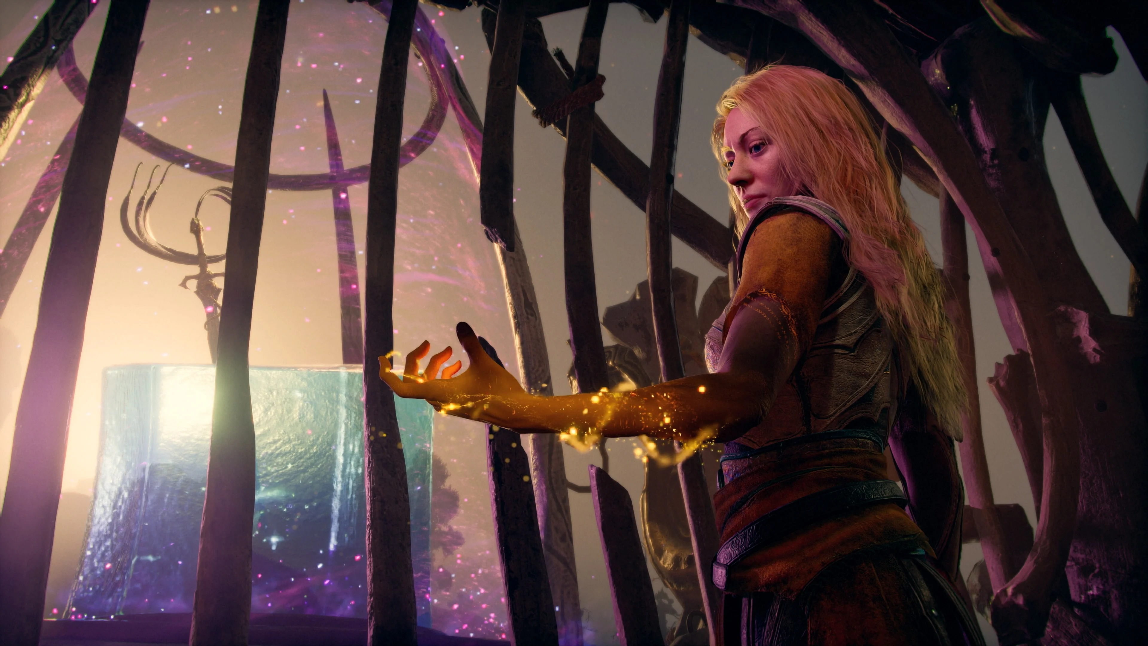 Faye reaches toward glowing magic inside the Everywhen in God of War: Laufey.