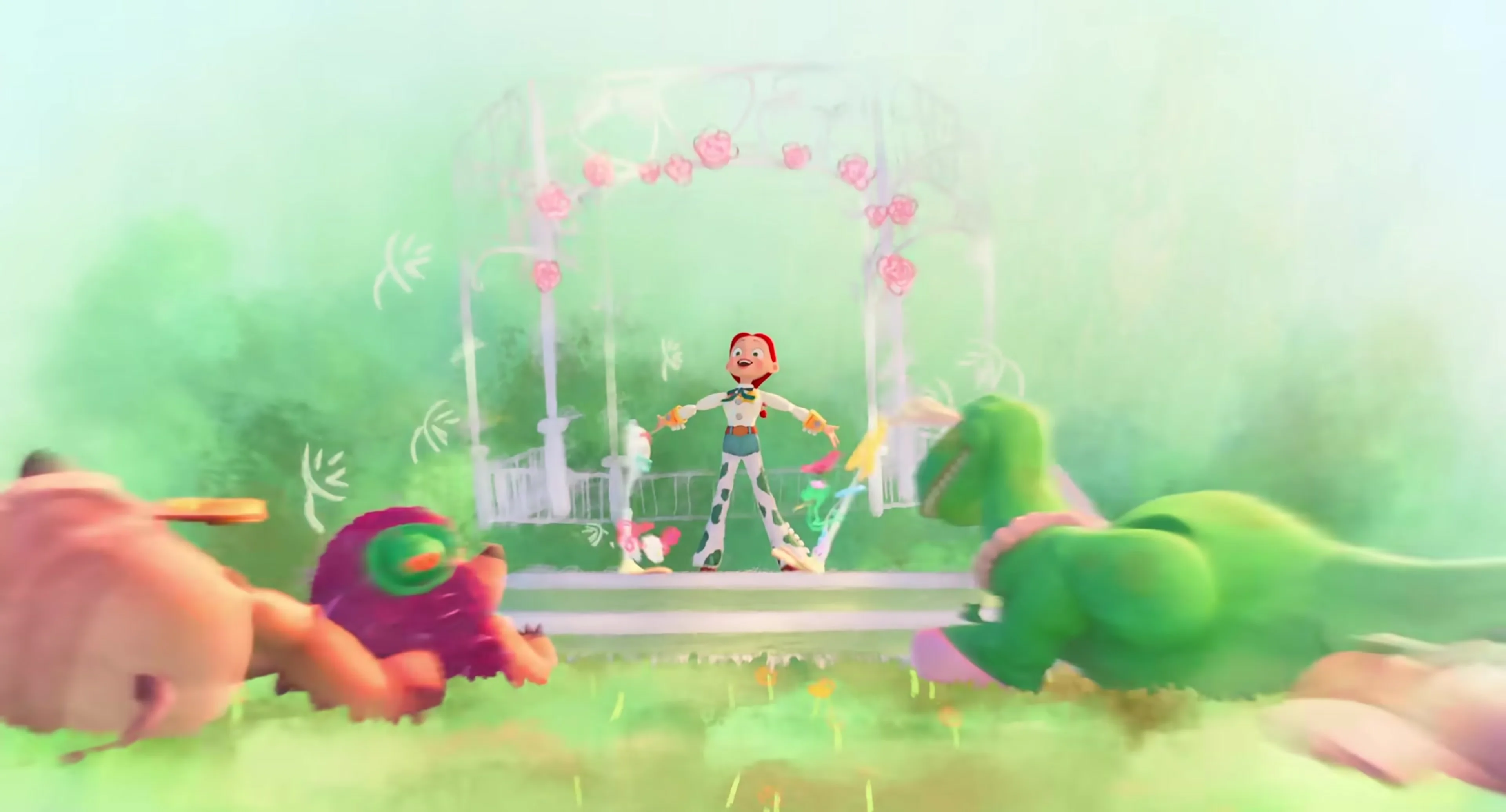 Jessie stands in a colorful imagined play scene in Toy Story 5.