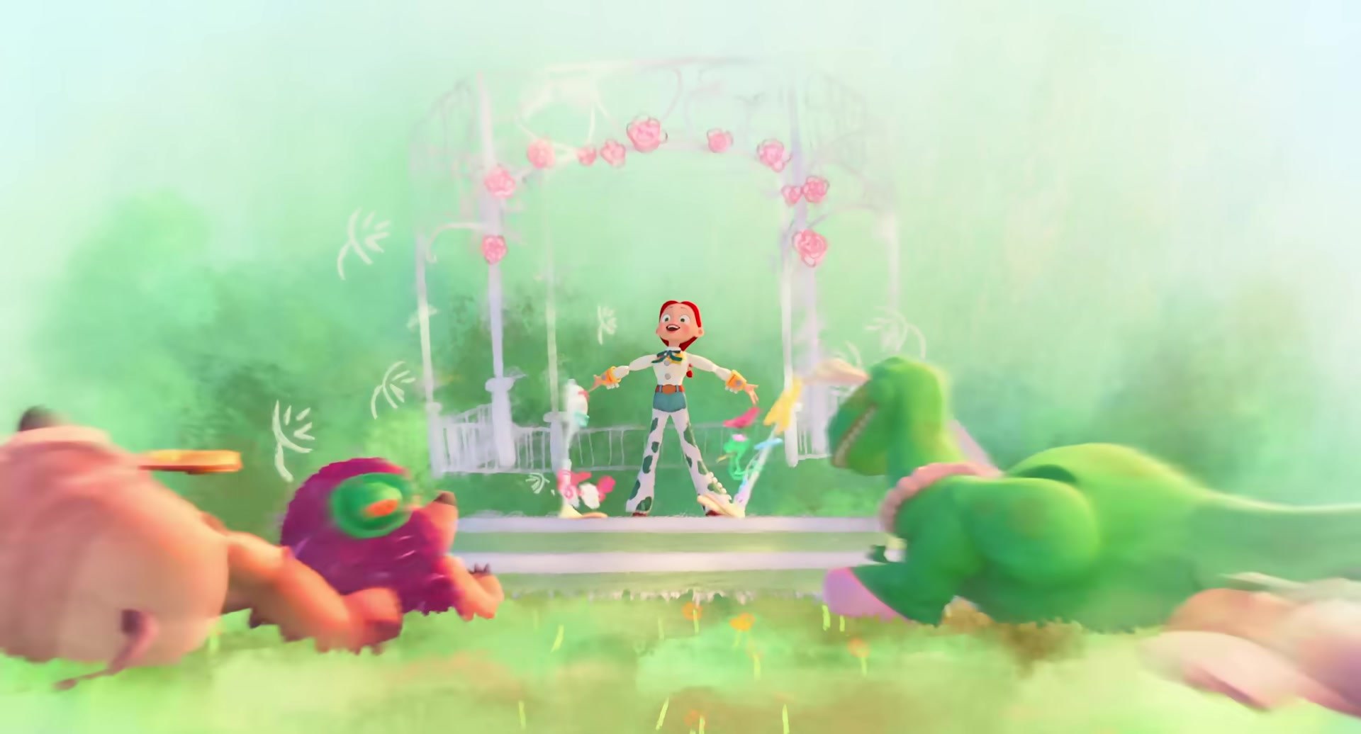 Jessie stands in a bright imagined garden scene from the Toy Story 5 trailer.