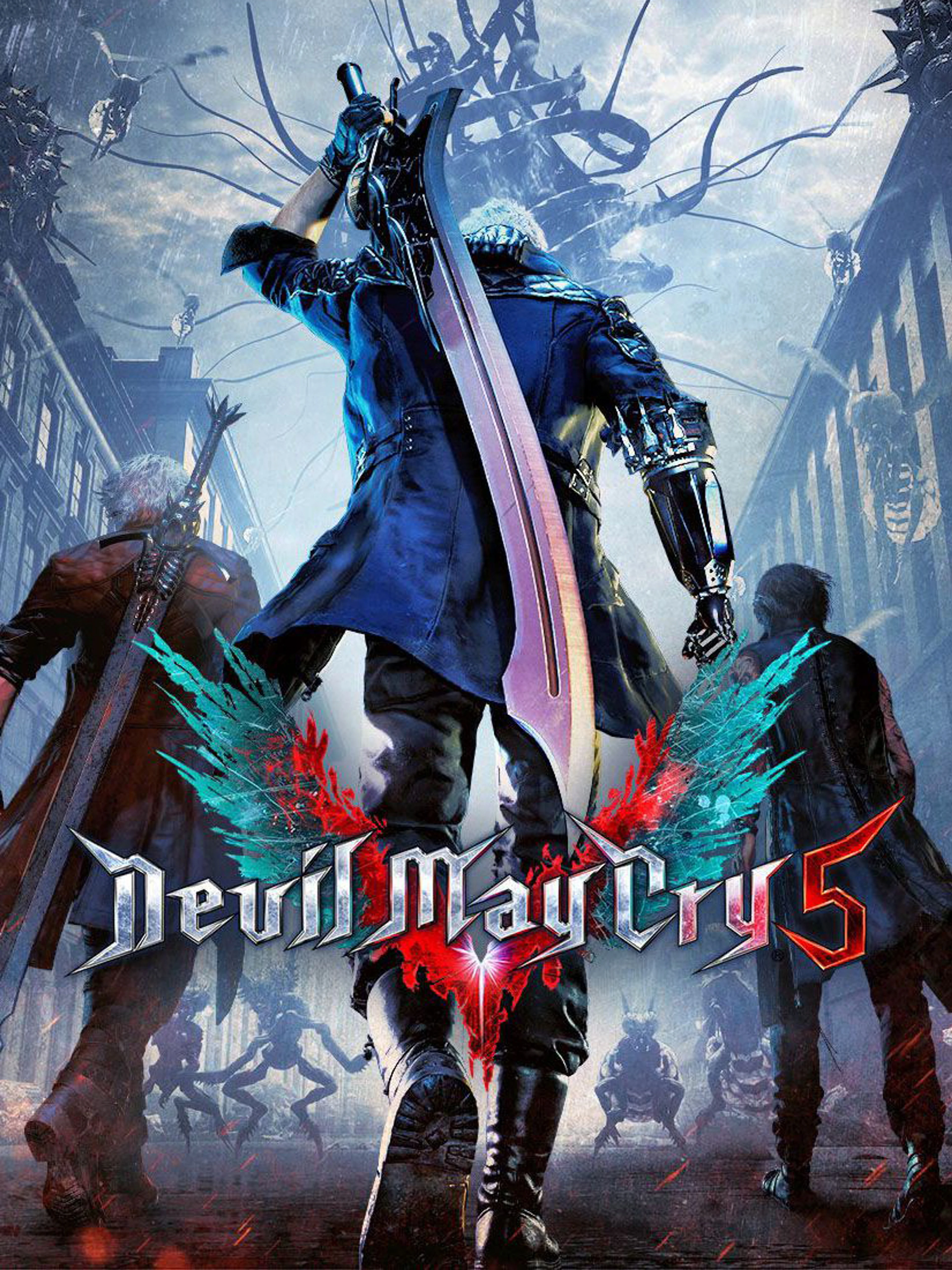 Official Devil May Cry 5 cover showing Nero, Dante and V with the native game logo.