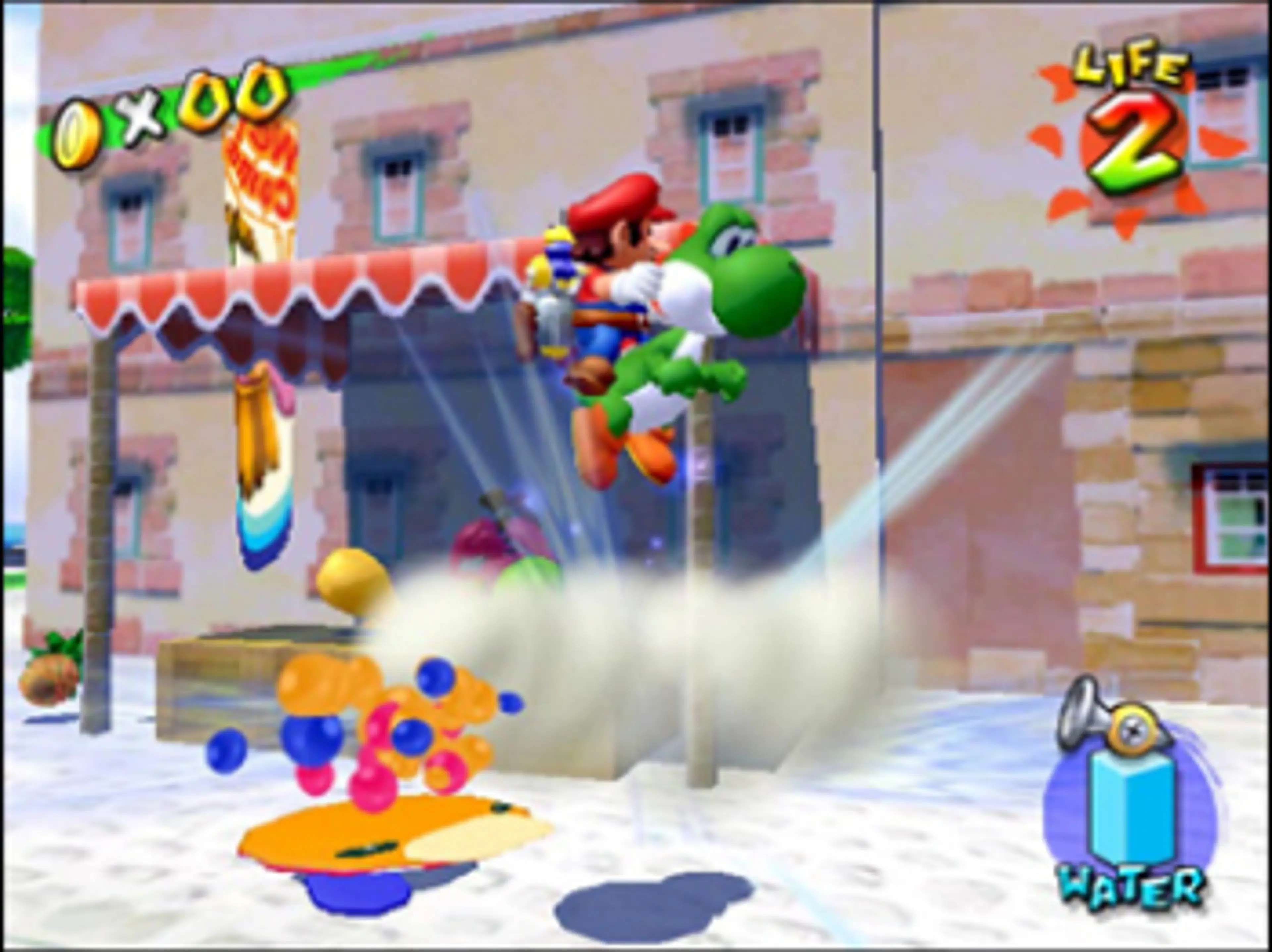 Gameplay screenshot: Mario and Yoshi leap through a sunny plaza while colored coins scatter below in Super Mario Sunshine.