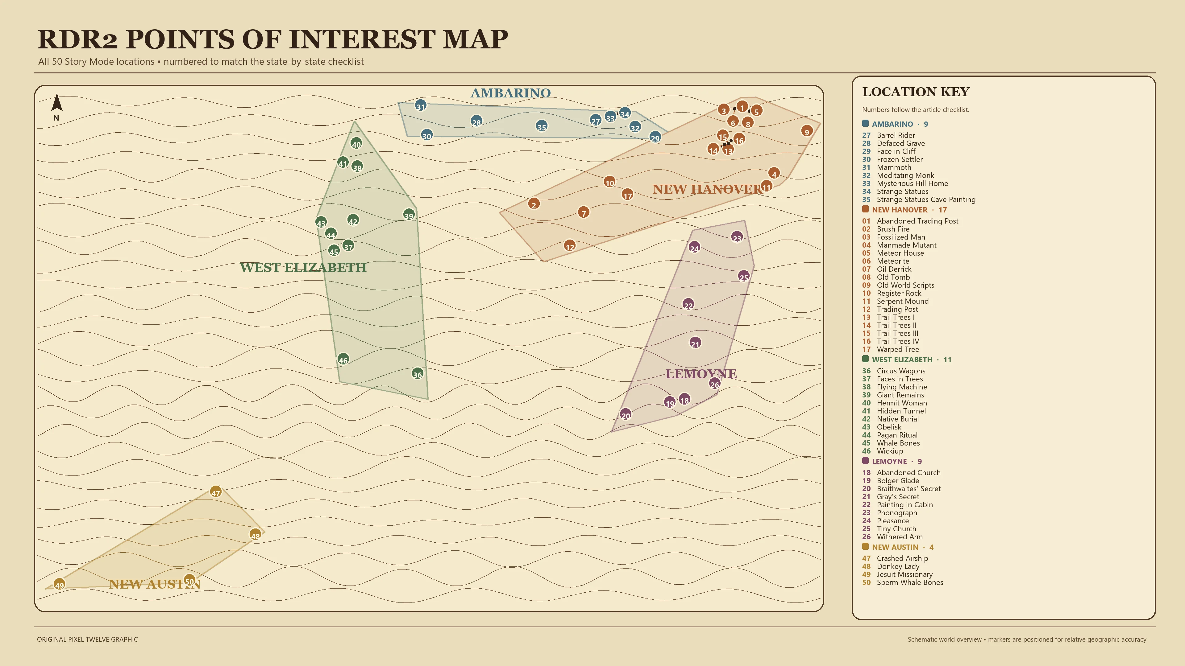 Original RDR2 map showing all 50 Points of Interest with numbered markers grouped by state.