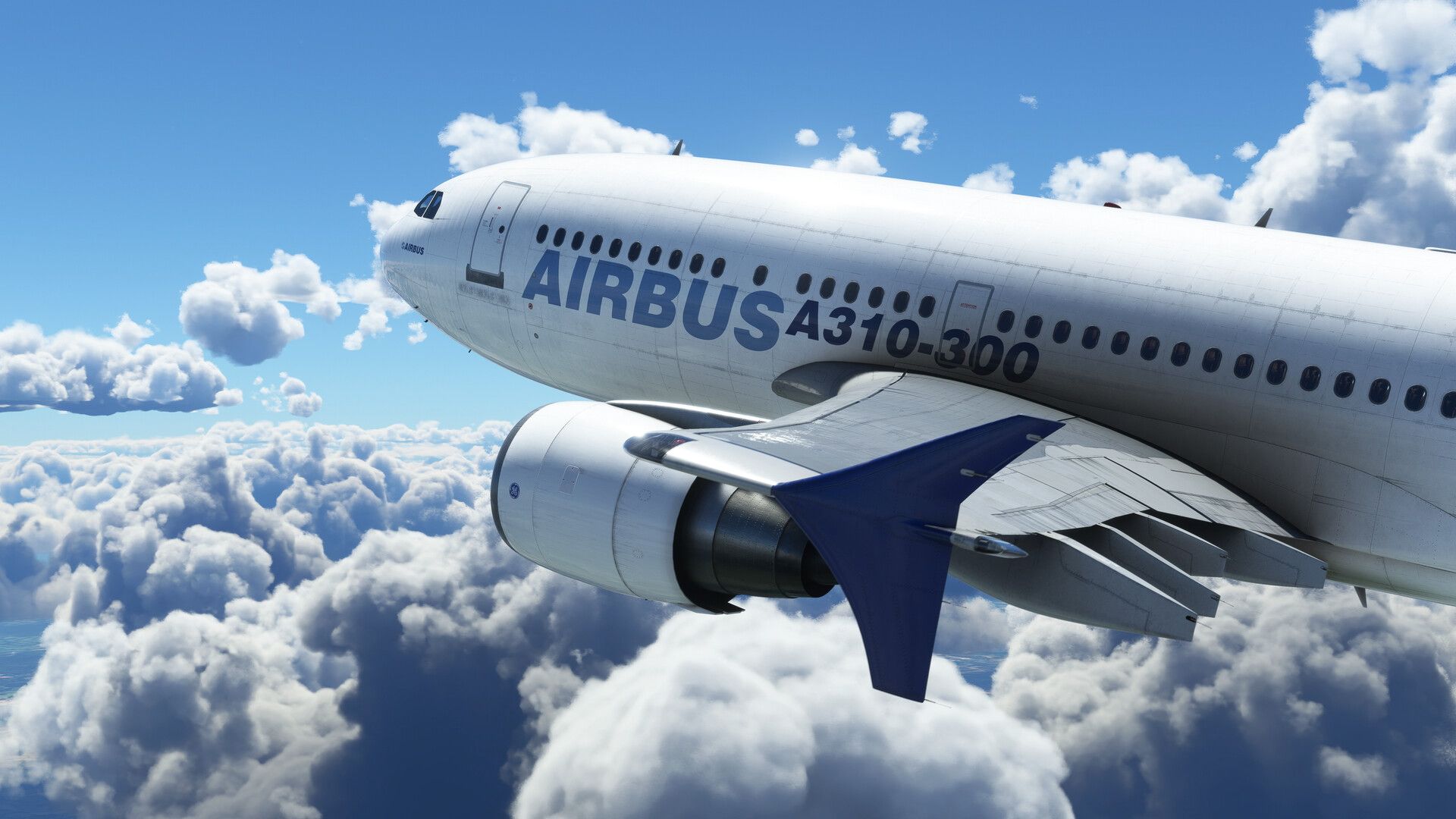 A large passenger jet flies above white clouds under a blue sky.