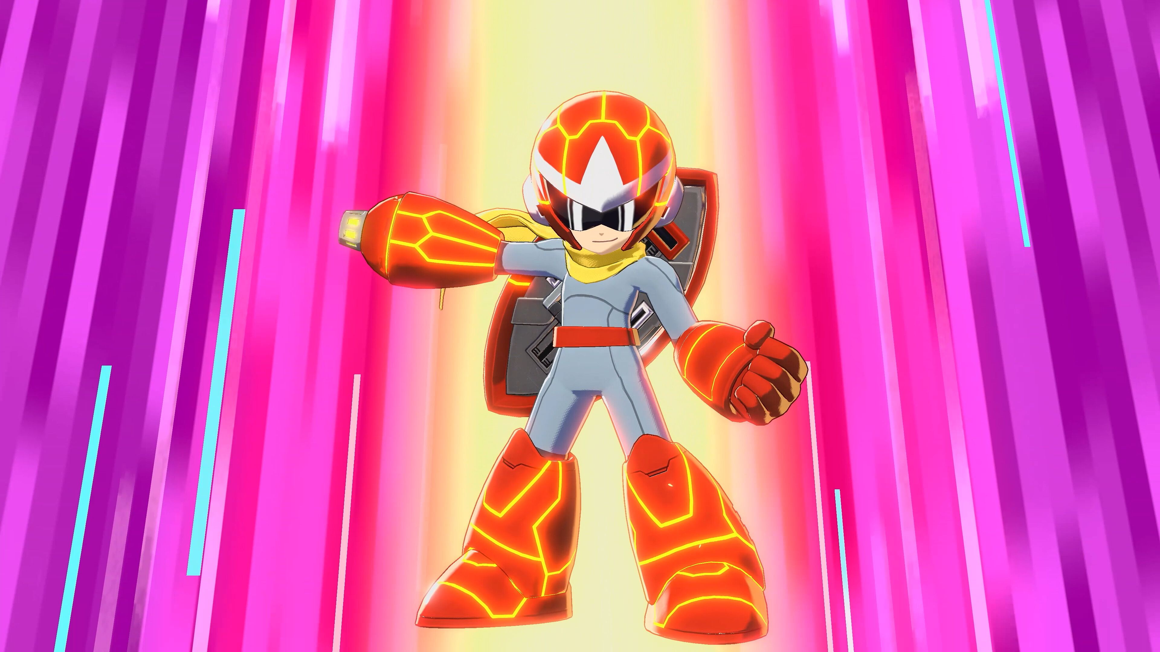Mega Man glows red and orange while using Override form.