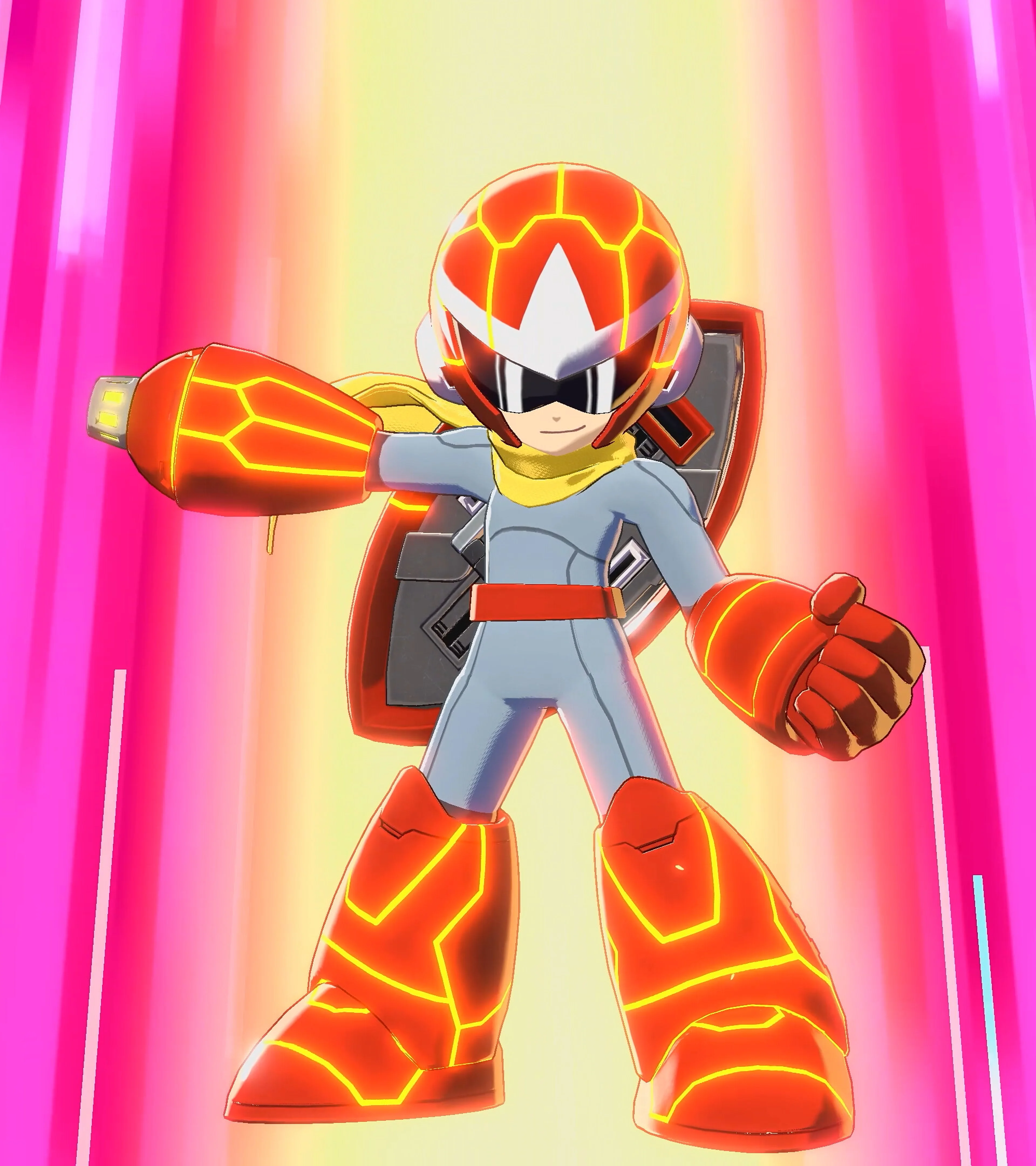 Mega Man glows red and orange while using Override form.