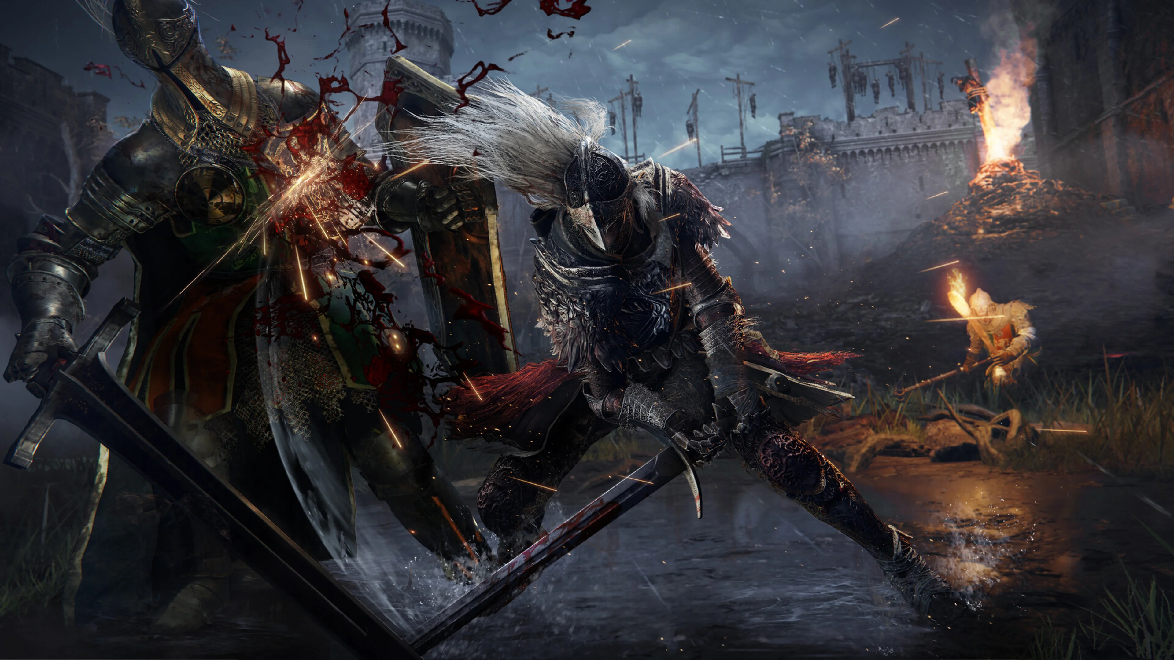 An armored Tarnished strikes an enemy with a sword during close-range combat.