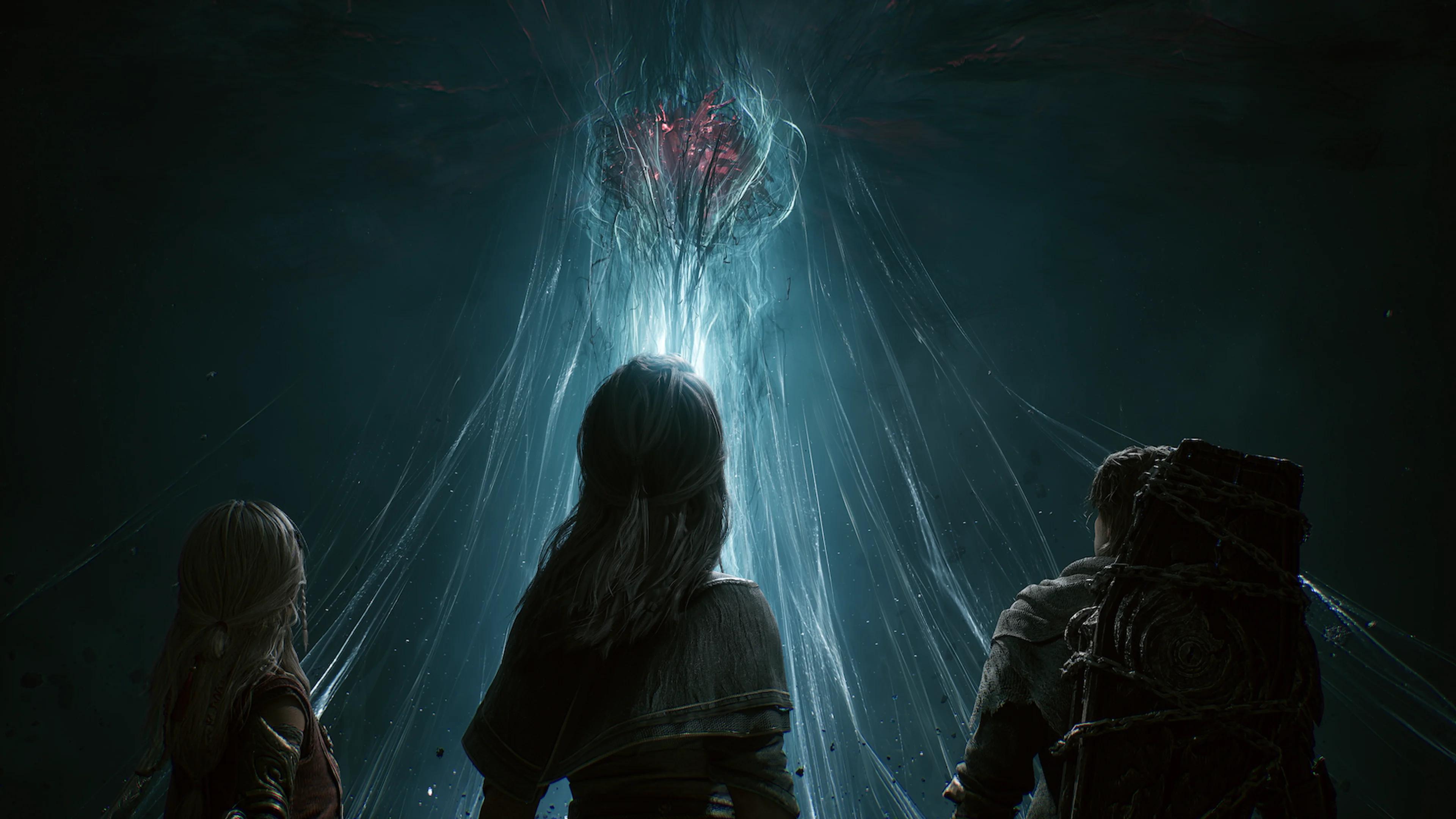 A Nodusfall squad approaches a luminous threat in a dark cavern