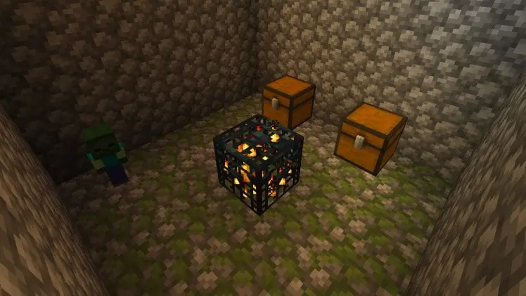 A zombie and creeper standing beside a monster spawner in a Minecraft monster room.