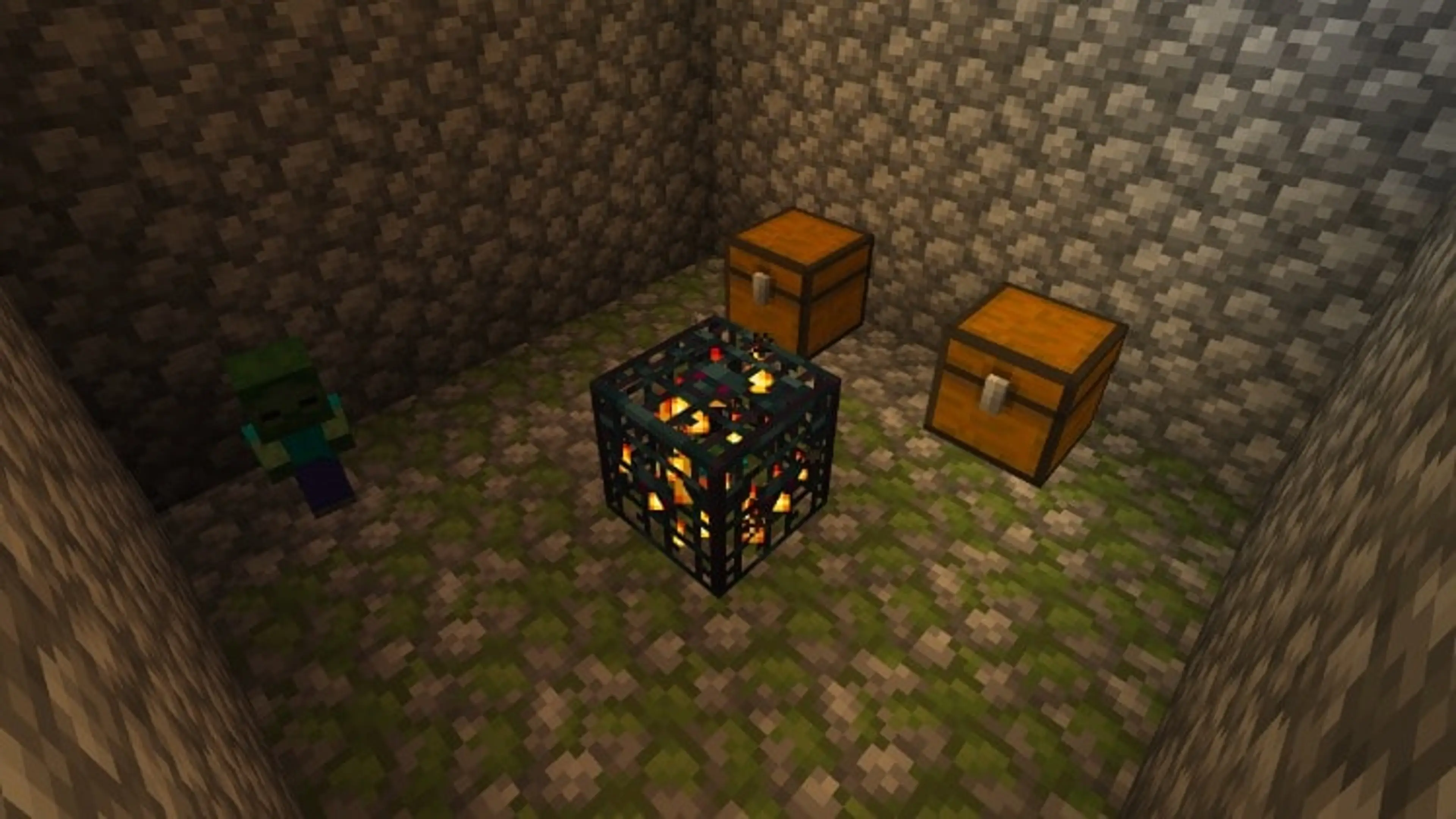 A zombie and creeper standing beside a monster spawner in a Minecraft monster room.