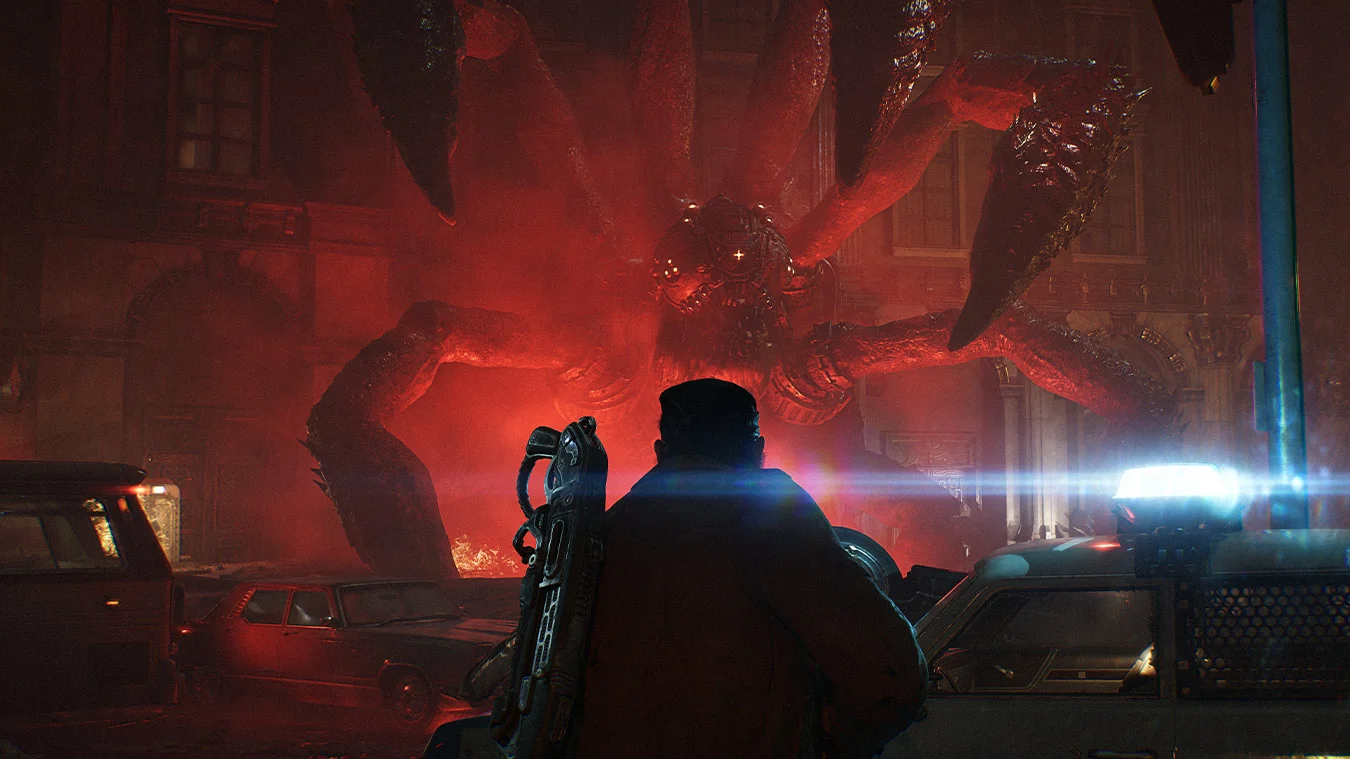 Marcus Fenix fights a Locust enemy in Gears of War: E-Day.