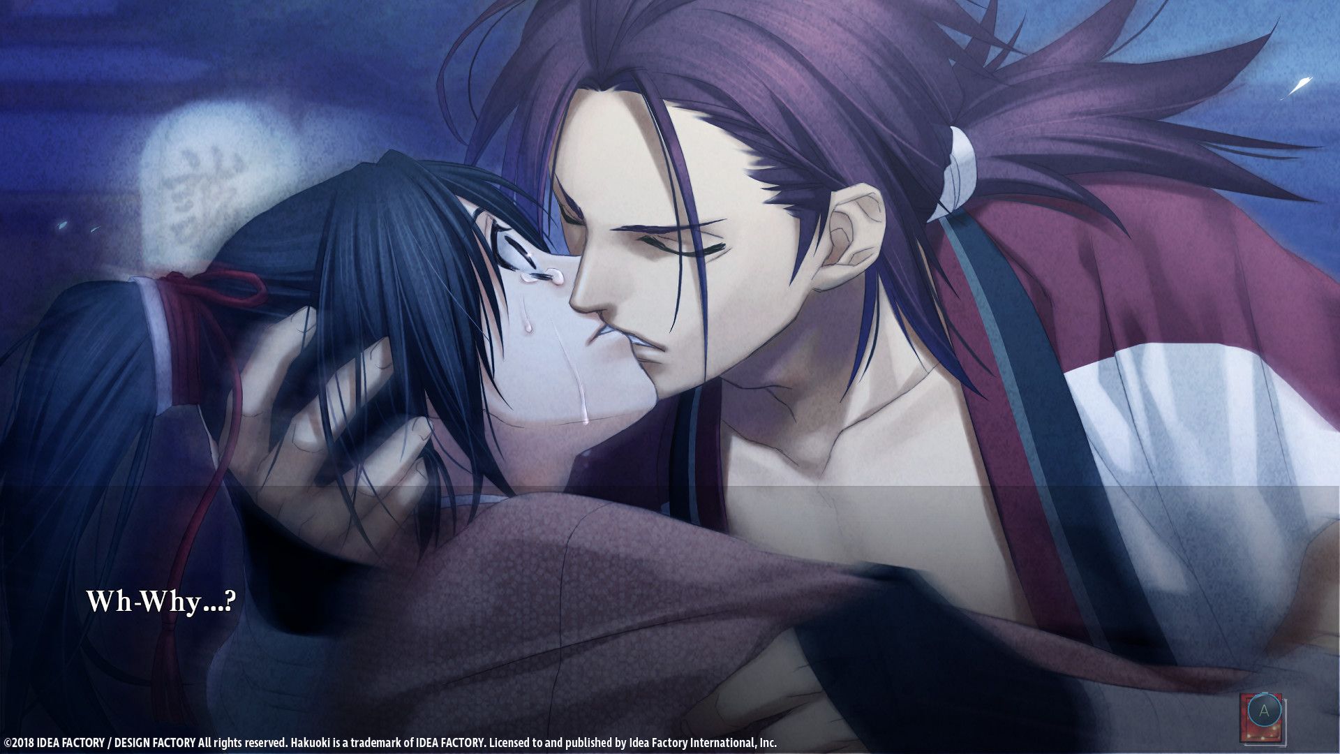 A couple kisses beneath cherry blossoms in Hakuoki: Edo Blossoms.