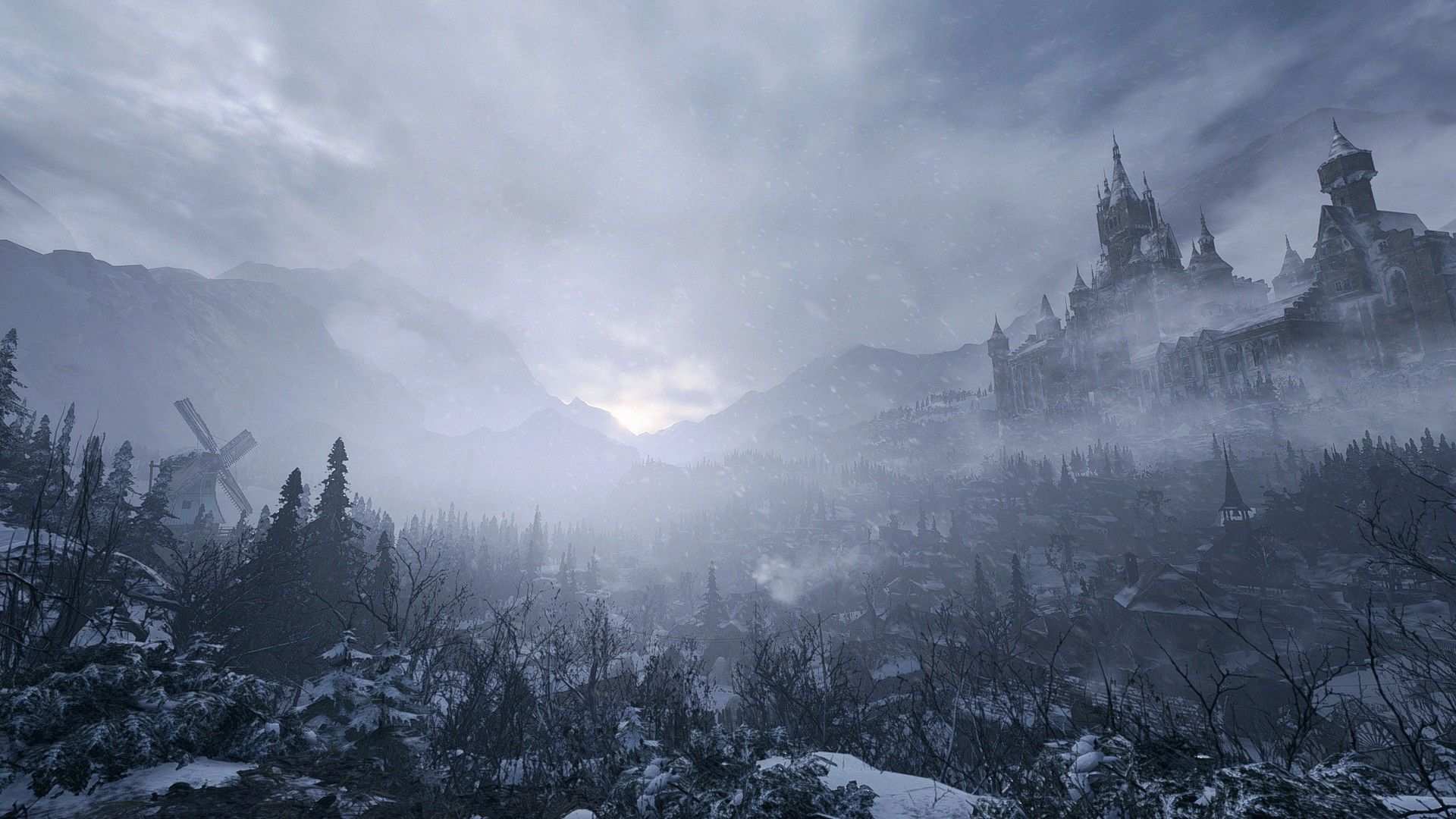 Snow and fog surround the roofs of the isolated Resident Evil Village.