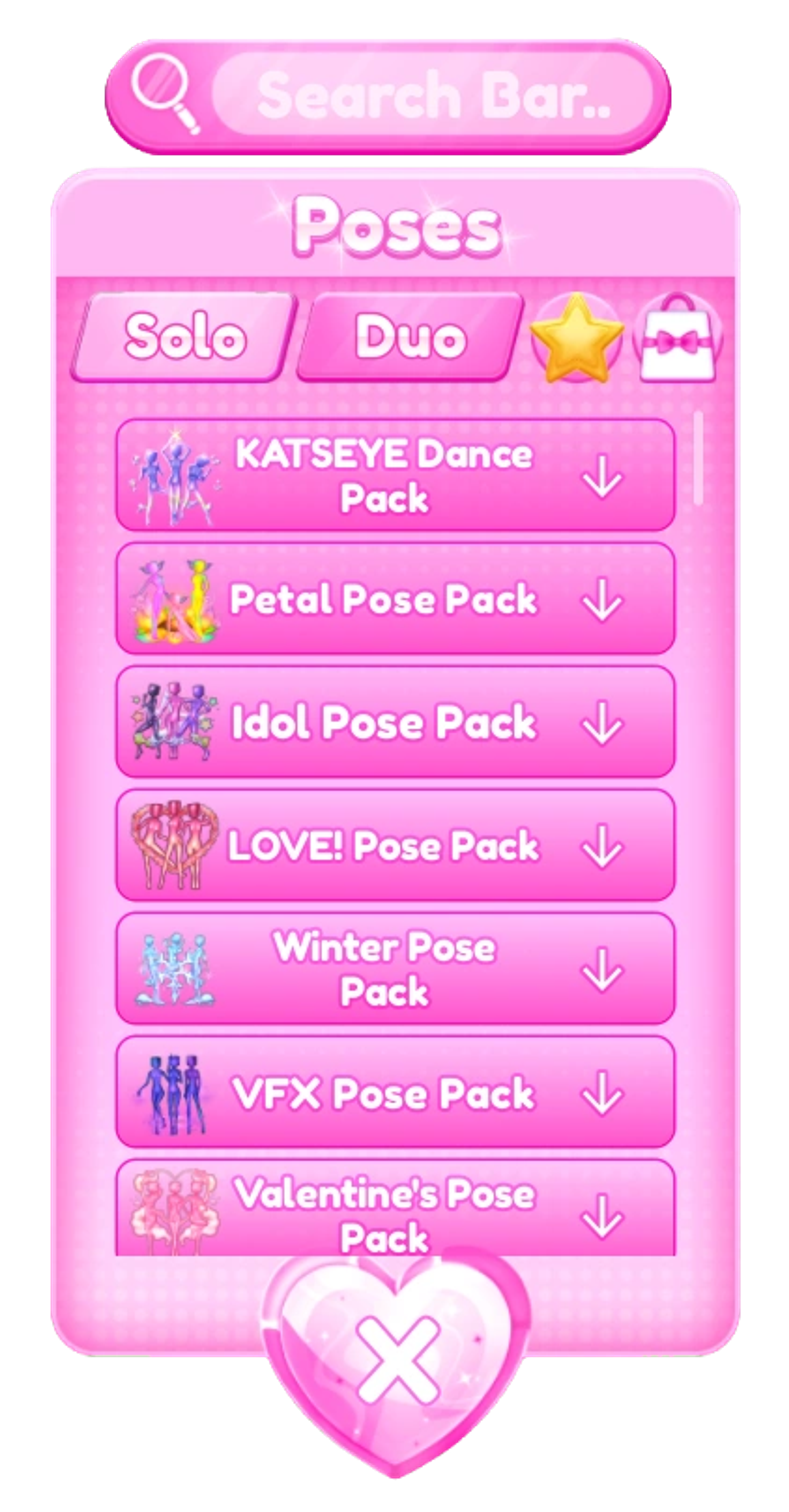 Dress To Impress Poses Menu with Solo, Duo, Favorites, search, and pose-pack folders.