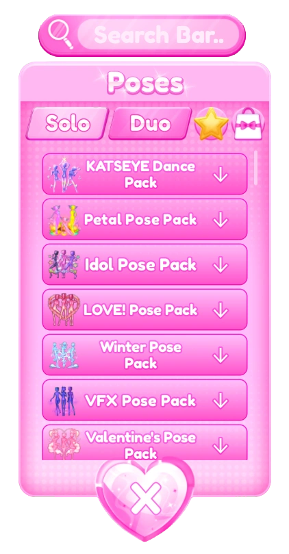 Dress To Impress Poses Menu with Solo, Duo, Favorites, search, and pose-pack folders.