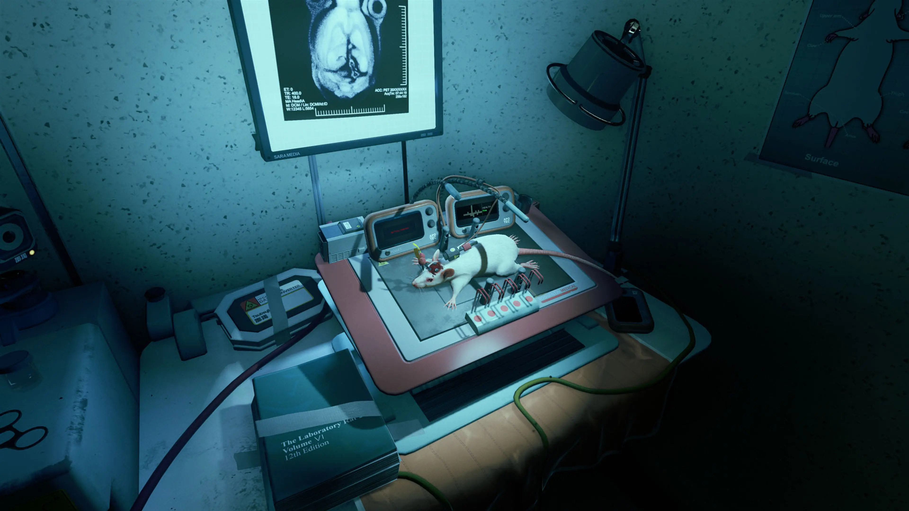 A strapped-in test rat sits beside analog laboratory equipment in ONTOS.