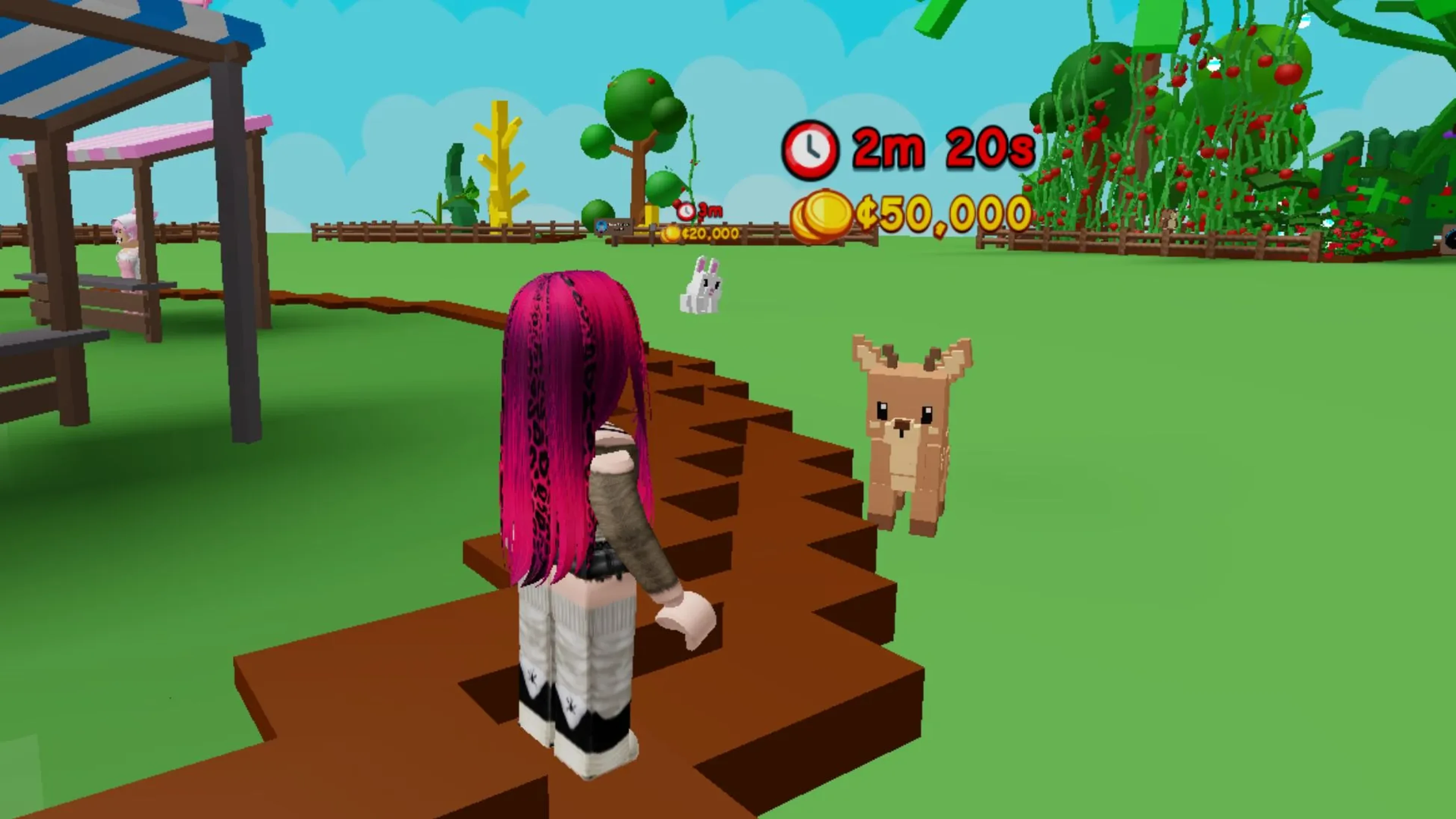 A Grow a Garden 2 player facing timed Deer and Bunny pet spawns near a garden plot.